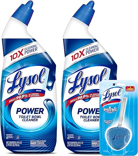 Lysol Power - Gel limpiador de inodoro, para limpieza y desinfección, eliminación de manchas, 24 onzas (paquete de 2)  con 1 limpiador automático de