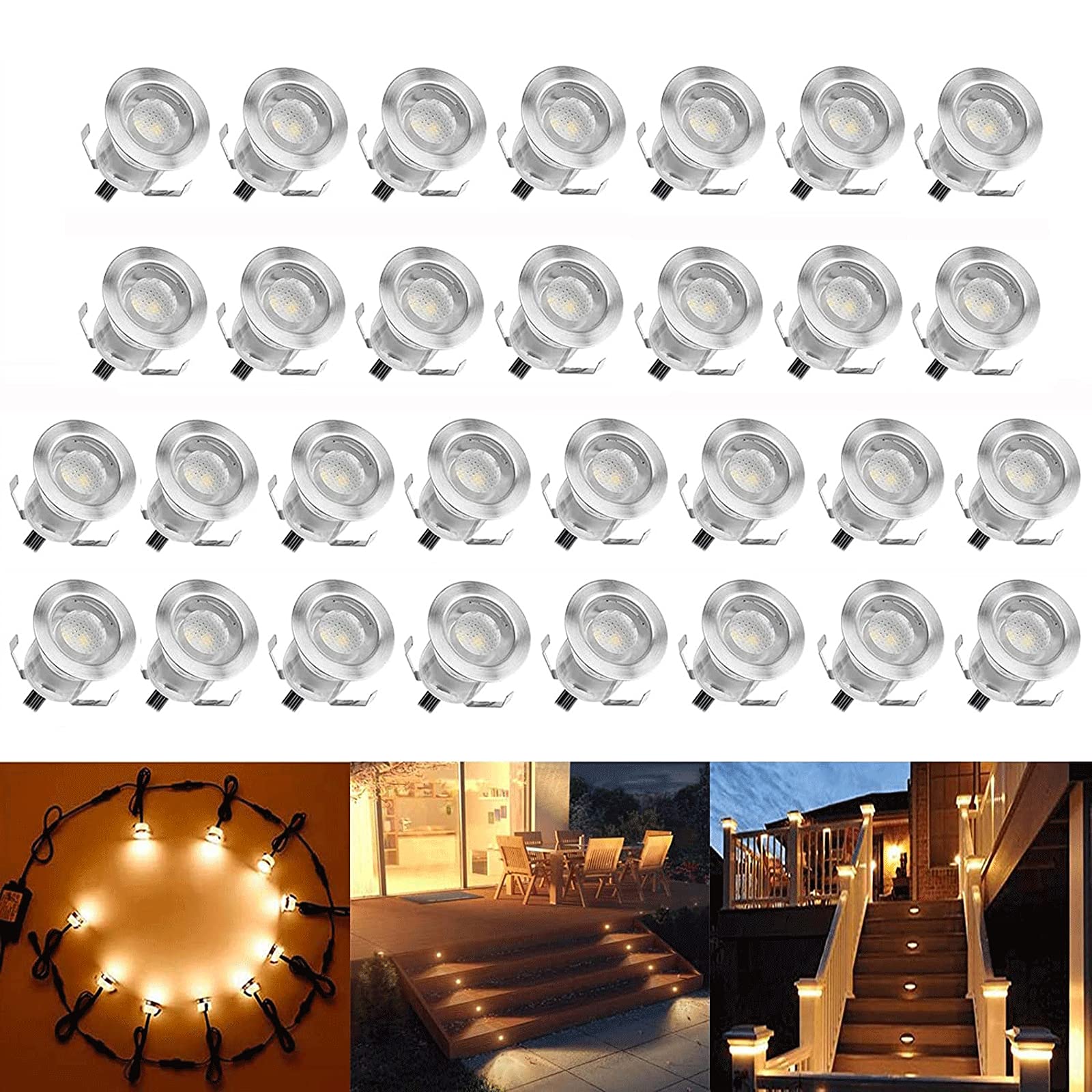 Low Voltage LED Deck Light Kit Stainless Steel Waterproof Recessed Wood Decking Stairs Garden Yard Patio Decor Lamp Outdoor LED Lighting (Warm White, 30pcs) Warm White 30pcs(Silver Border)