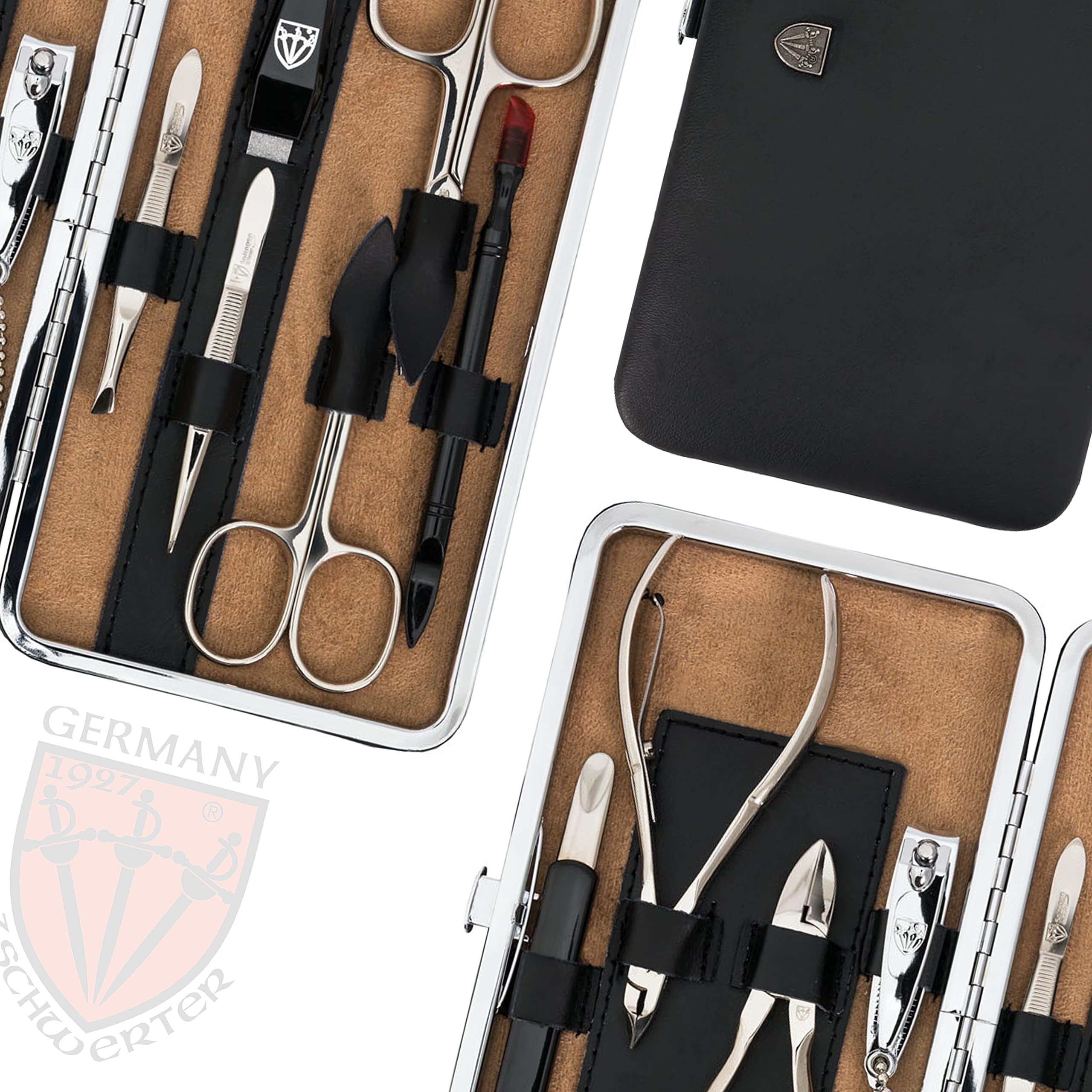3 miecze - 10 sztuk etui do manicure i pedicure, wykonane z autentycznej skóry, gatunek: wyprodukowano w Solingen