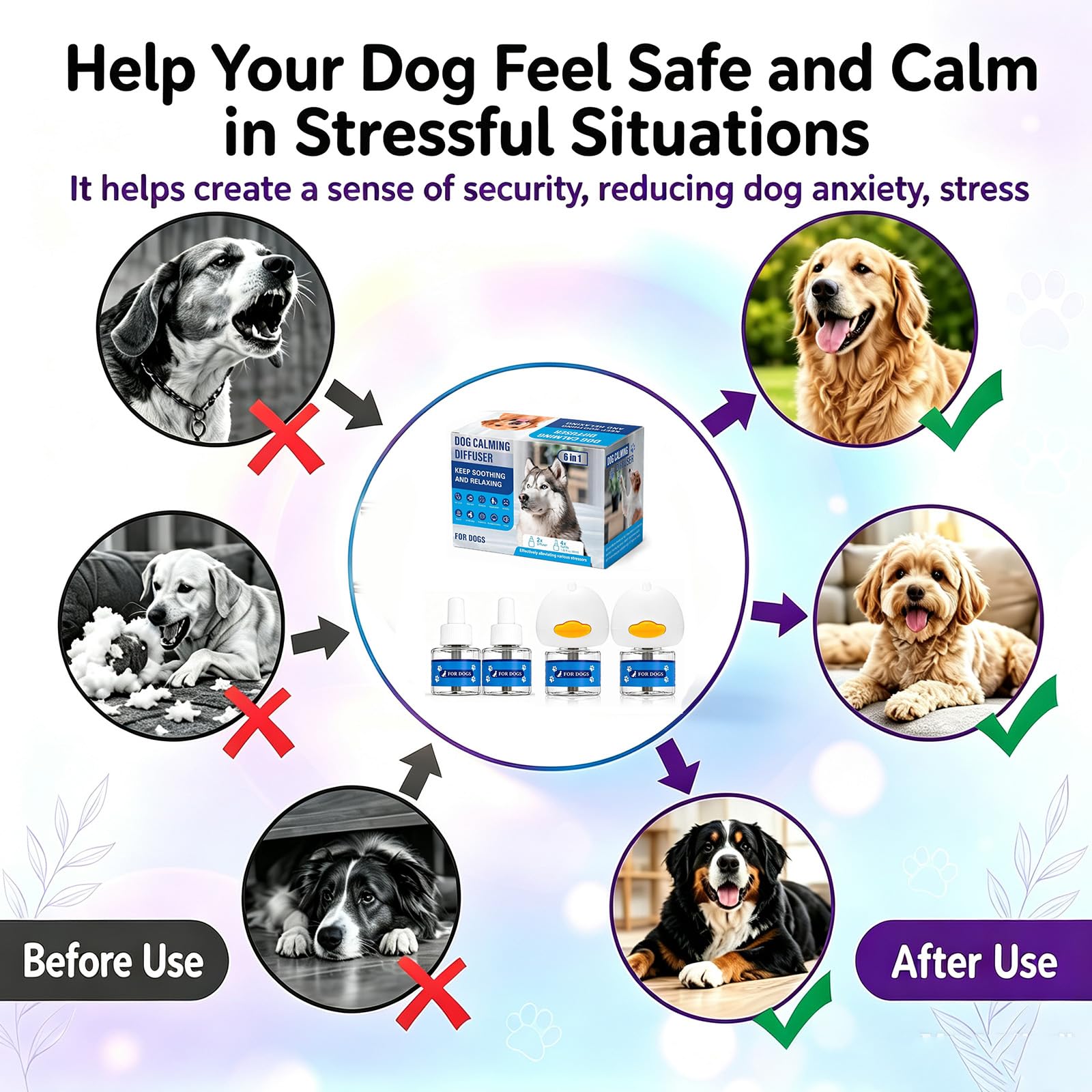 Kit diffuseur de phéromones apaisantes pour chien, 2 diffuseurs + 4 recharges, approvisionnement de 120 jours, couvre 700 m², branchement inodore pour soulager l'anxiété, le stress de
