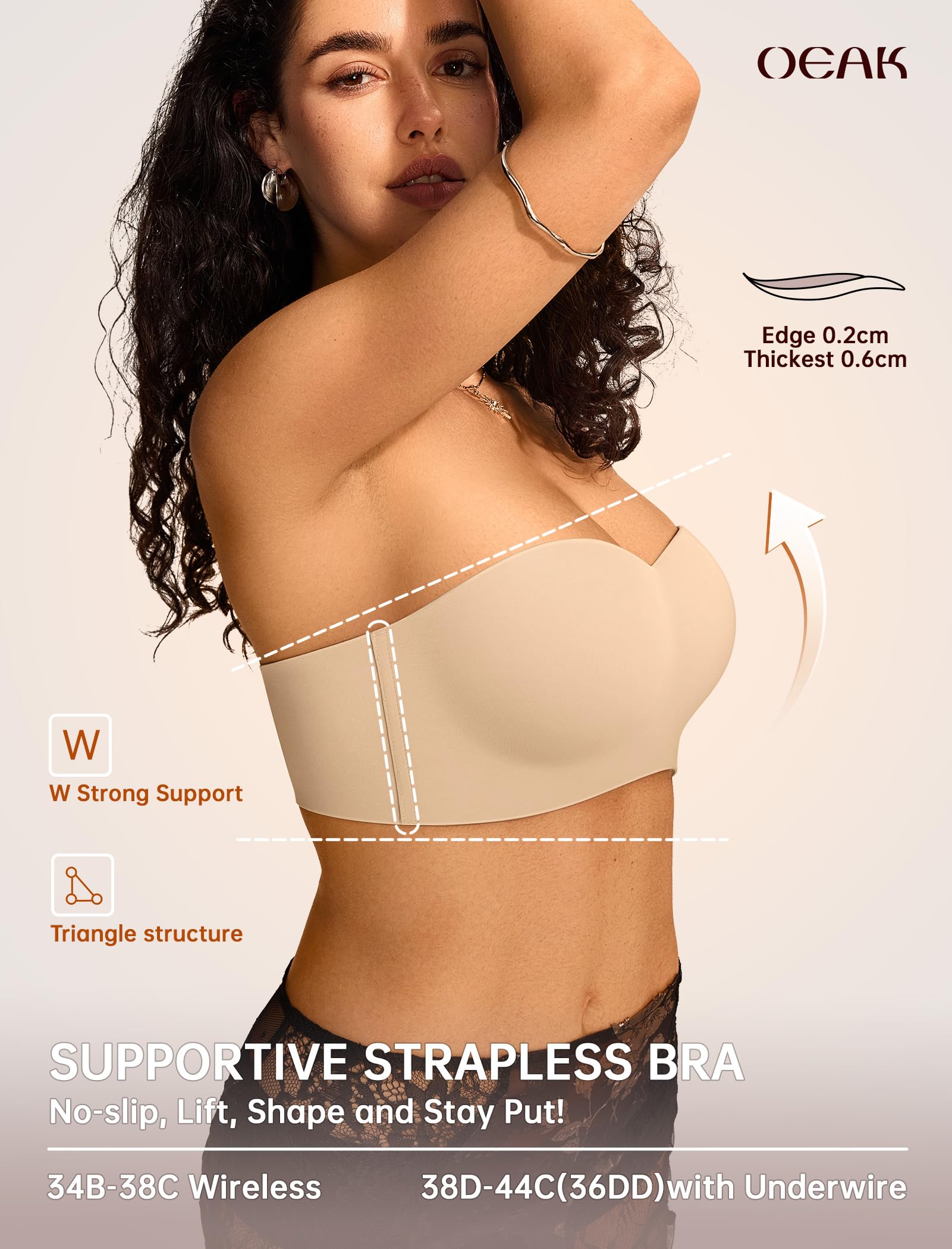 OEAK Reggiseni da donna senza spalline con ferretto multiway antiscivolo a tubo top push up bralette senza cuciture imbottito reggiseno a fascia, Nude, (44) C