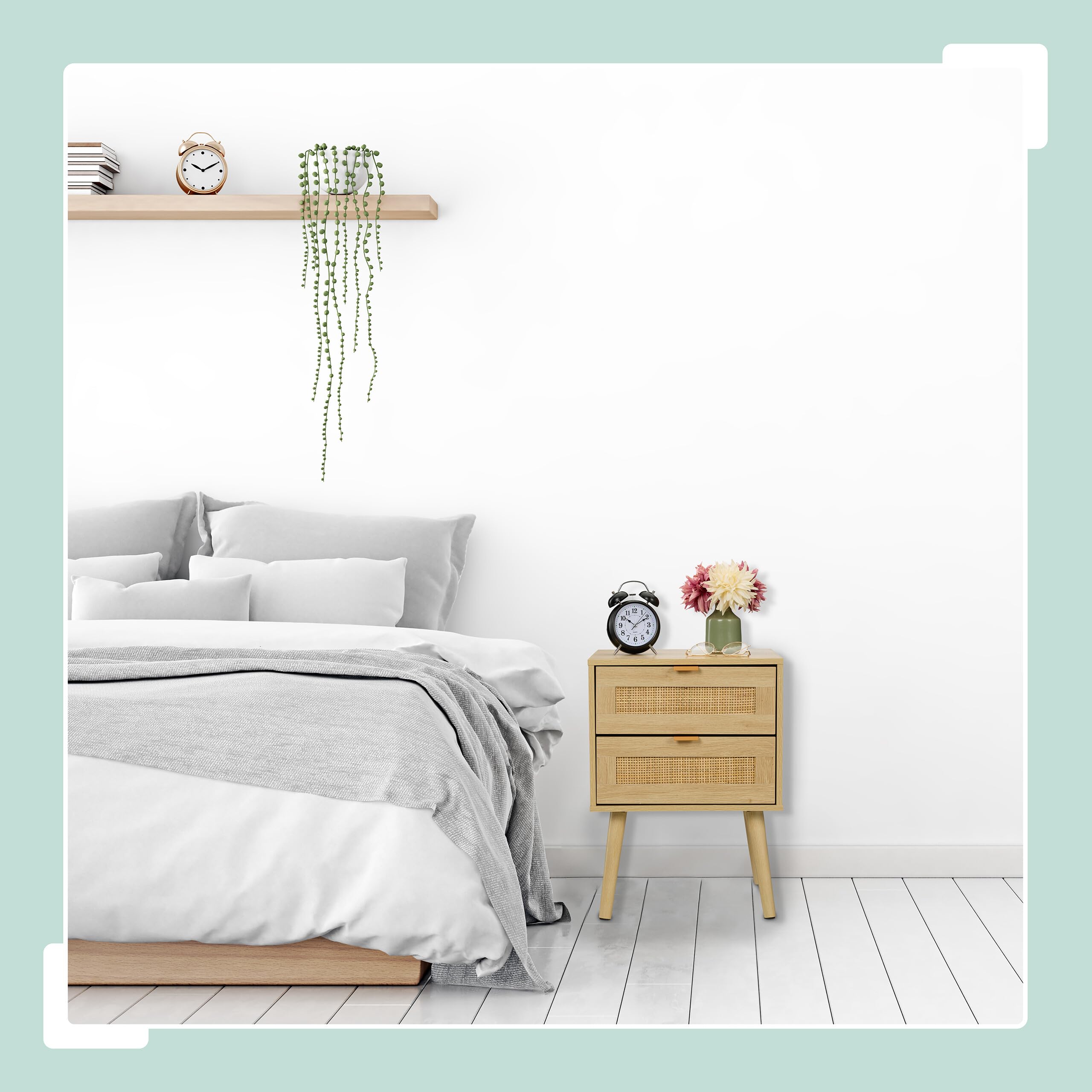Relaxdays Mesita de Noche, Cajones, Set de 2, Estilo Ratán, Mesilla Dormitorio Efecto Madera, 55 x 40 x 41,5 cm, Natural | Mesita de noche, 2 cajones, 55 x 40 x 41,5 cm, dormitorio