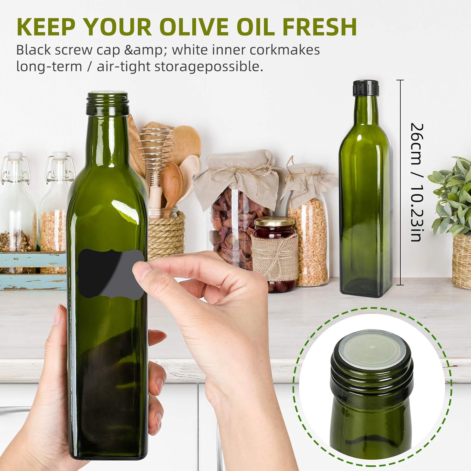 [2 Pack] Olive Oil Dispenser Bottle Set, 17oz/500ml Glass Oil & Vinegar Cruet with 4 Pourers, 2 Caps, Funnel and Labels - Olive Oil Glass Container Bottle for Kitchen (Green)