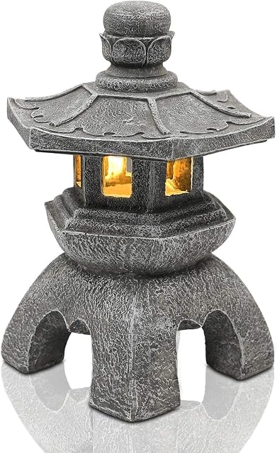 Goodeco Solar Pagoda Lantern Statue Garden Ornaments ,Outdoor/Indoor Zen Asian Decor for Landscape Balcony,Garden,Patio,Porch Yard Art Ornament Gifts,Polyresin,Gray stone finish