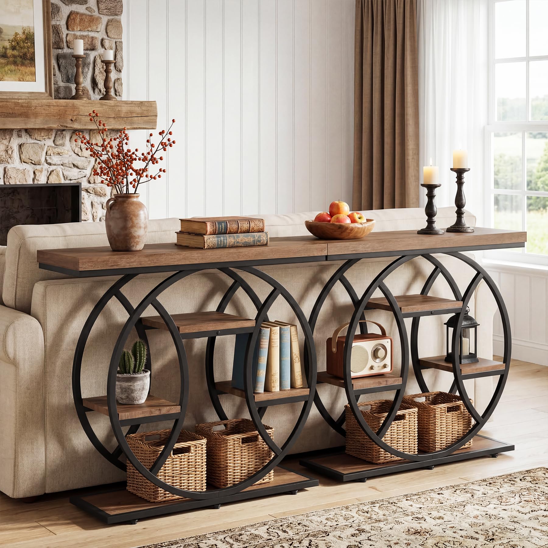 Tribesigns 41.3" Console Table, 4-Tier Industrial Sofa Table with Circular Metal Frame & Storage Shelves, Narrow Entryway & Hallway Table, Rustic Brown Modern Design