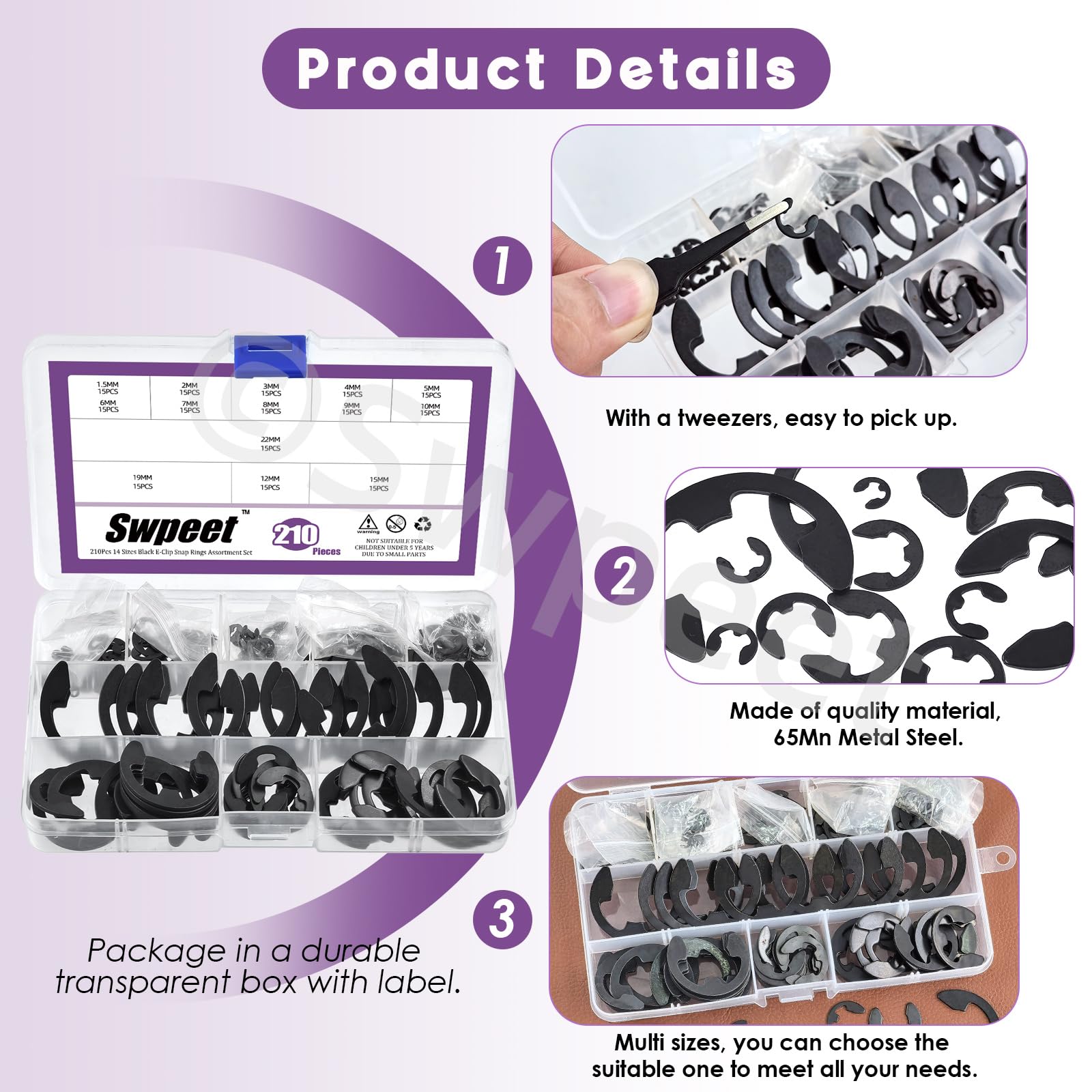Swpeet 210Pcs 14 Sizes High Carbon Steel Steel Manganese Steel E-Clip with Tweezers Kit - Image 4