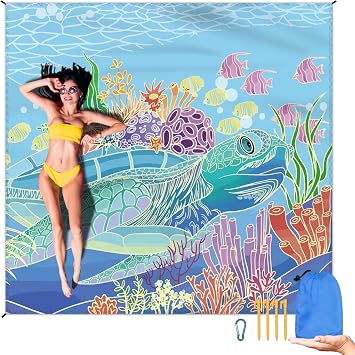 Beach Blanket Waterproof Sandproof Large Beach Mat 79" X 83" for 2-4 Adults Sand Free Mat Quick Drying,Lightweight & Durable with 4 Stakes & 4 Corner Pockets for Beach Travel Camping.Sea Turtle