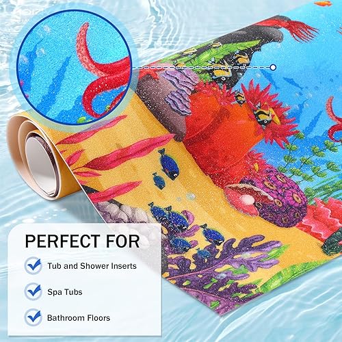 Miniatura 4 de Tapete de baño antideslizante de tortuga marina de 16 x 40 pulgadas, antideslizante, tapete de seguridad para bañera con drenaje recortado adhesivo