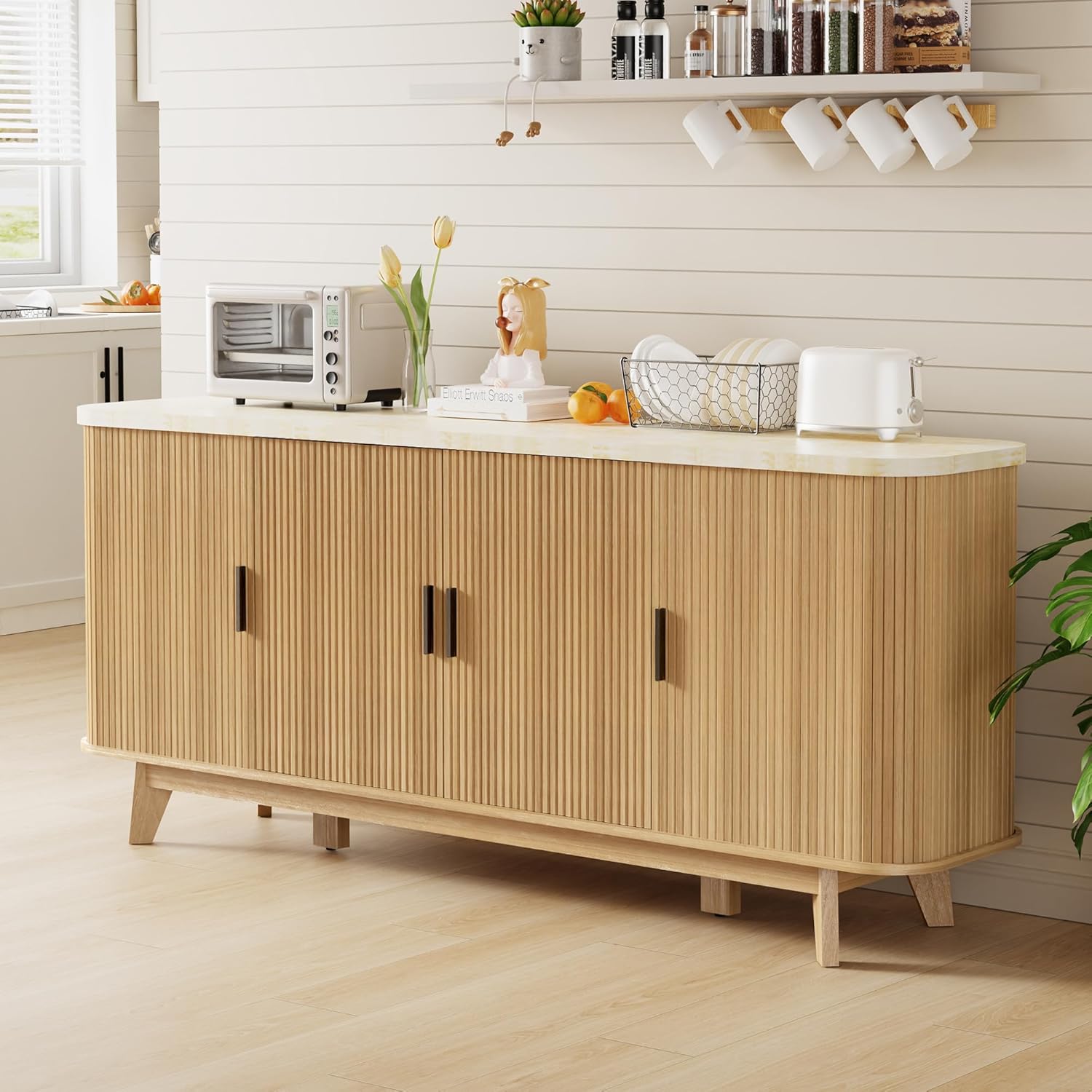 Vipbear 69" Large Sideboard Buffet Cabinet with Storage, Modern Fluted Credenza with 4 Doors & Adjustable Shelves, Accent Coffee Bar/TV Console for Dining Room & Living Room