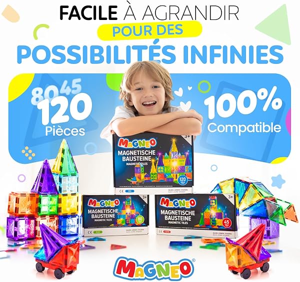 Magneo® Blocs Magnétiques 45 Pièces – Construction magnetique Enfant dès 3 Ans – Jeu Créatif avec Magnetic Tiles – Blocs Aimantés pour Garçons & Filles – Idée Cadeau - 5