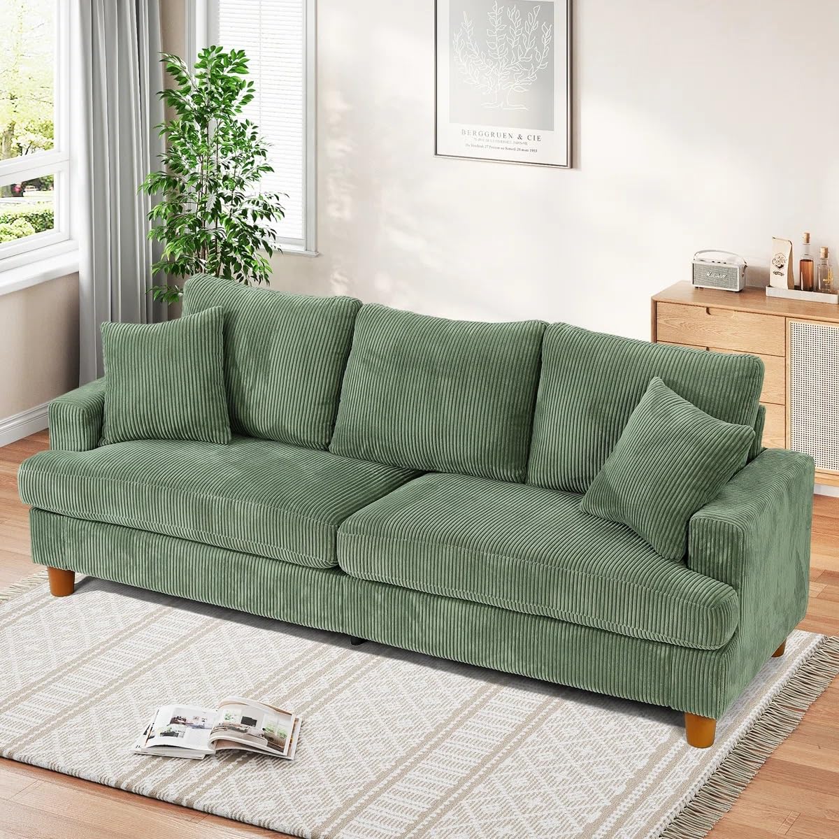 Solid Wood Leg Corduroy 3-Person Sofa with Velvet Modern Cloud Sofa Upholstered Three Seater Sofa for Living Room Hotels & Offices (Green)-image-33