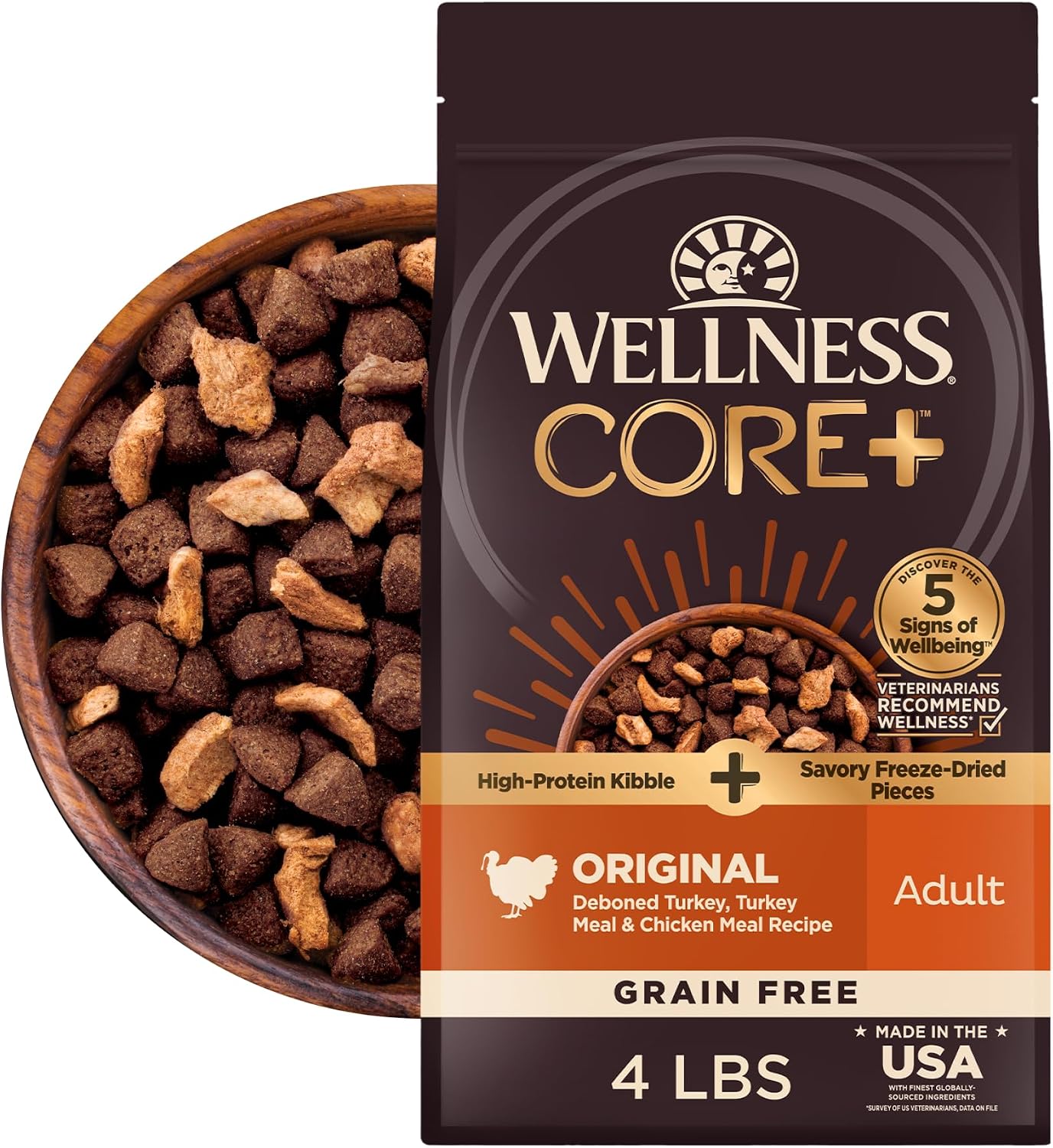 CORE+ Adult Dry Dog Food with Freeze Dried Pieces, Grain Free Kibble+, Natural, High Protein, Turkey and Chicken Recipe, 4 lb Bag