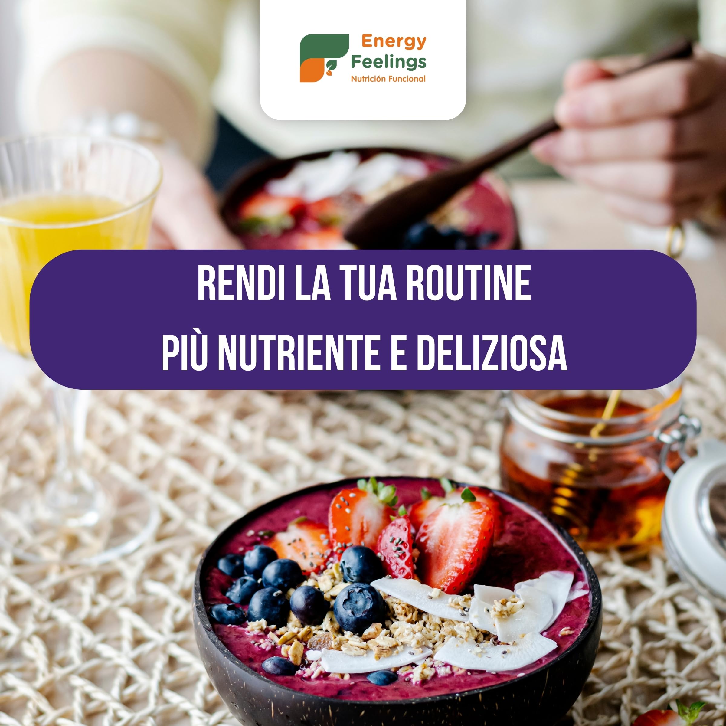 Energy Feelings Preparato per Acai Bowl Bio. Con Bacche di Acai in Polvere, Avena, Cocco... Frutta Liofilizzata Senza Zucchero Aggiunto con proprietà Antiossidanti. 500 G