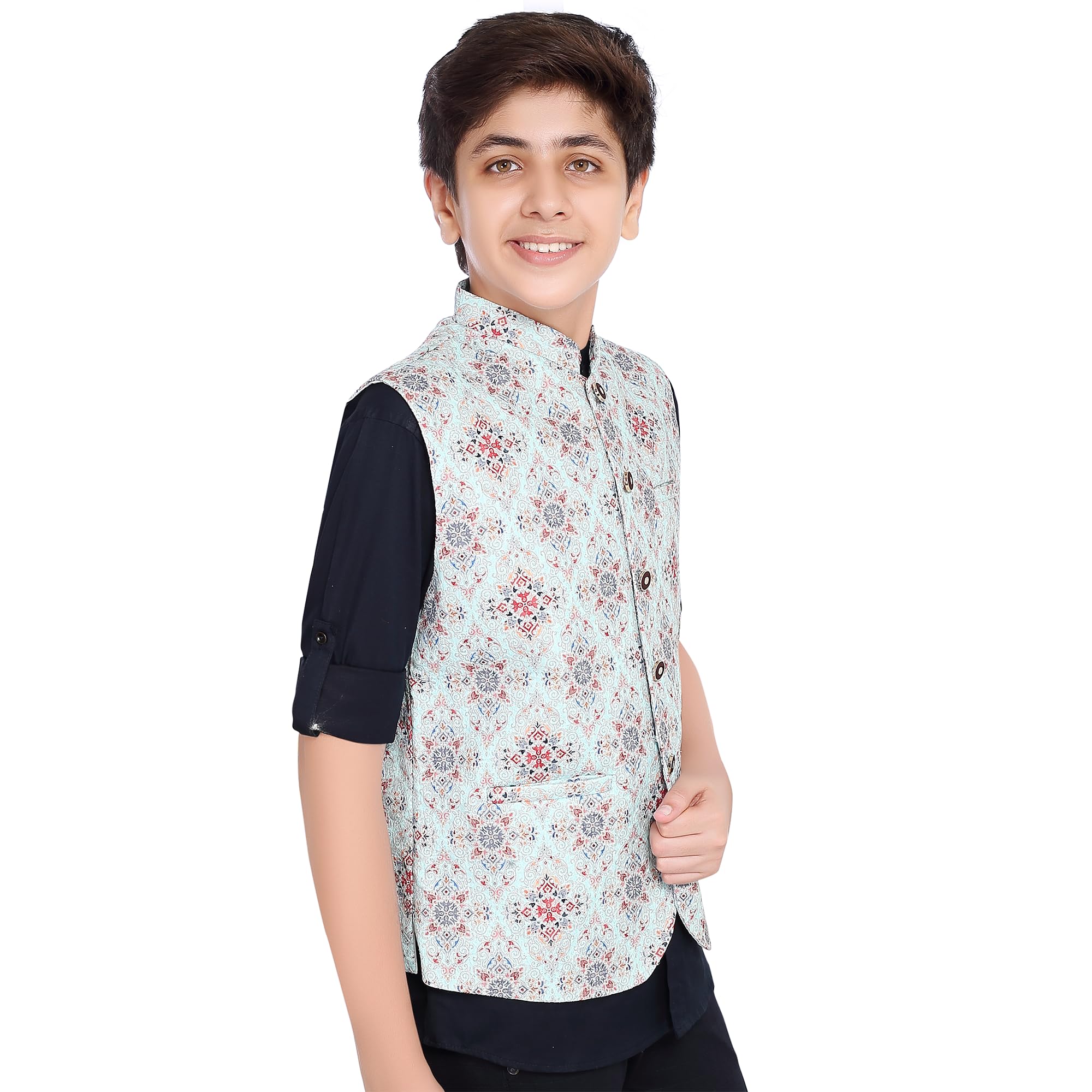 CHARCHIT Boys SeaGreen Printed Nehru Jacket and Shirt 2