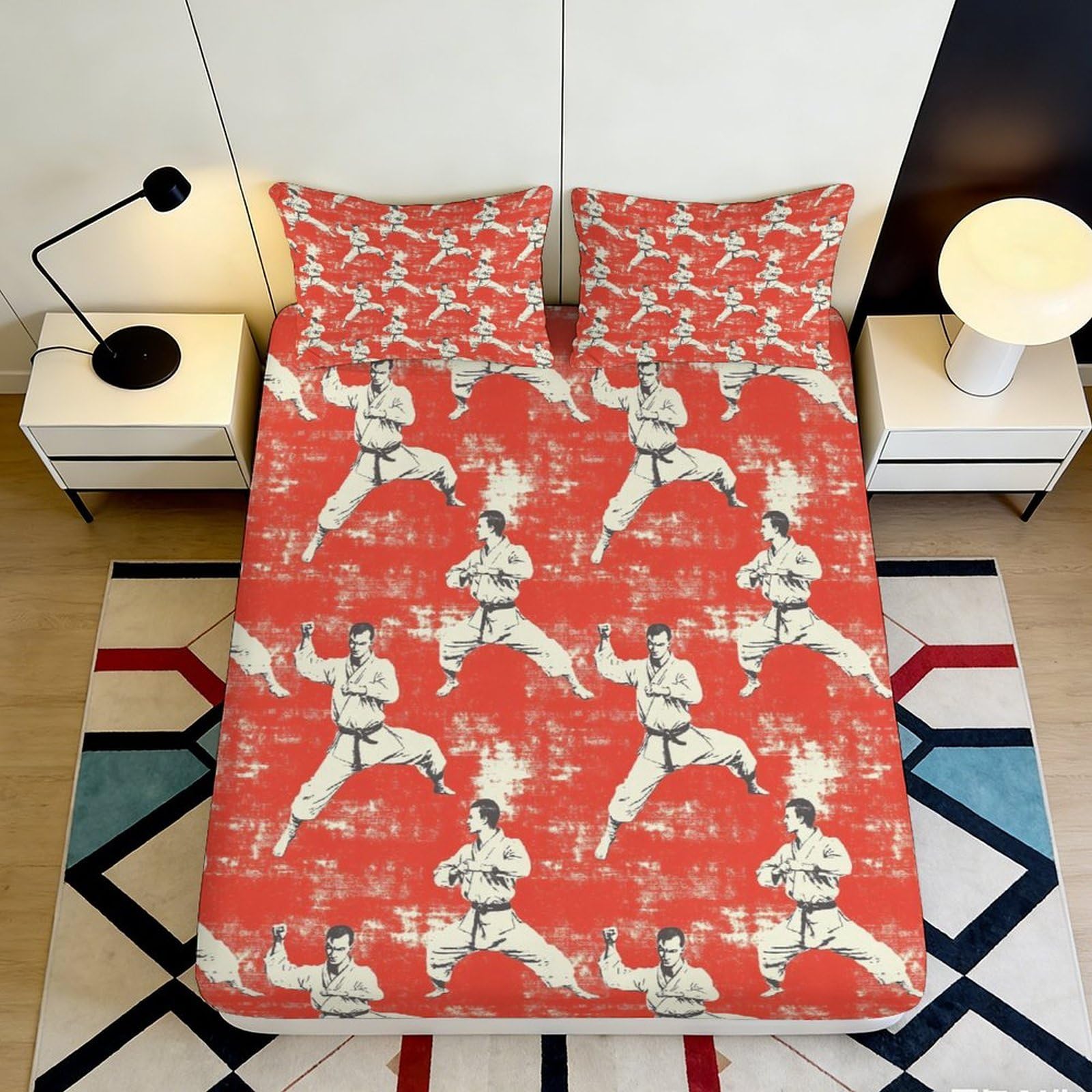 Pnayamiorkfel Style-9 3D Printed Martial Arts Red Fitted Sheet Microfiber Soft Anti-Slip Karate Pose Bed Cover For Bedroom Guest Room Decor 90X200x25cm