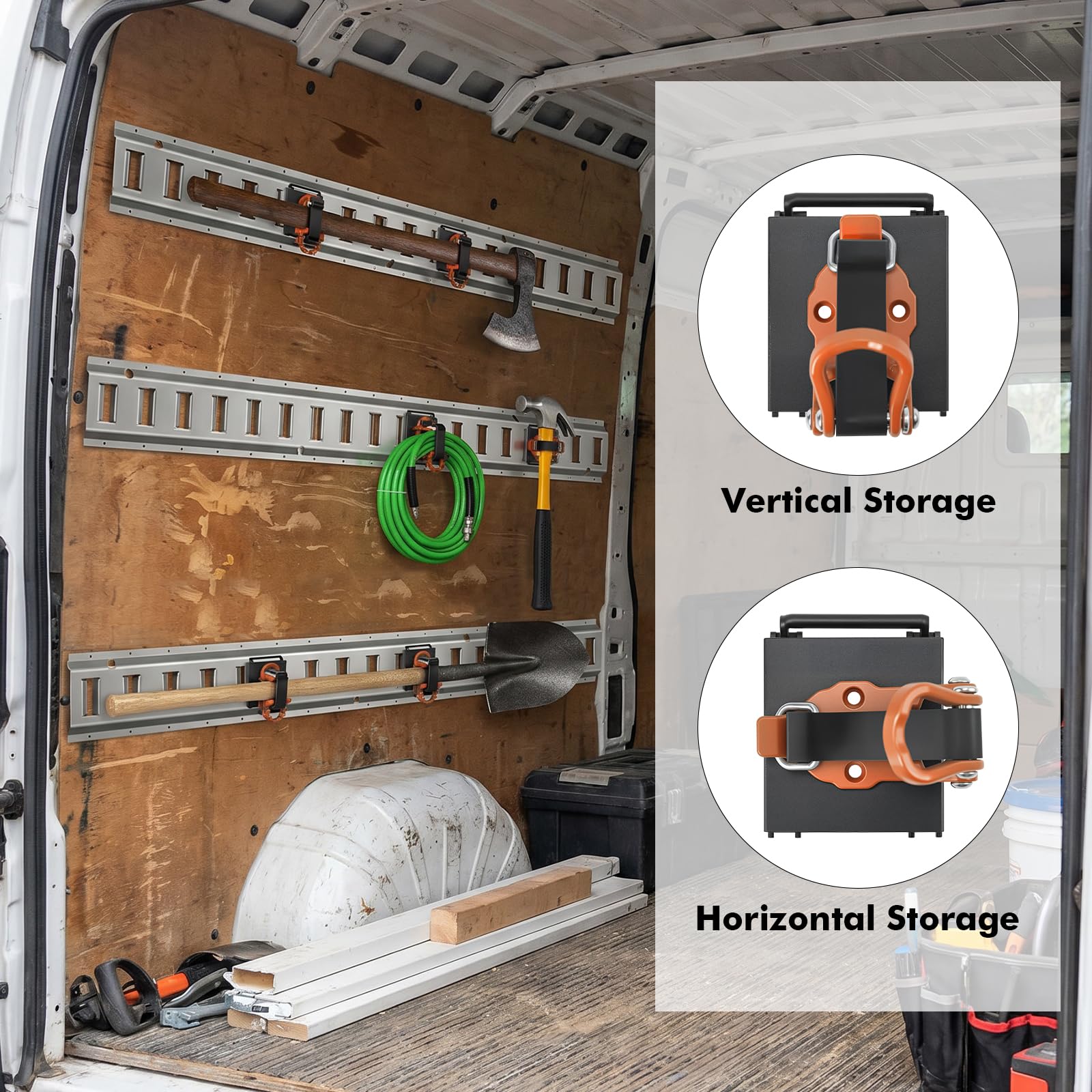 2 Pack E Track Tool Holder with Quick Release, Adjustable Clamp Mount for E-Track Accessories, Holds Broom, Shovel, Rake, Hose & Tools , Heavy Duty for Trailer, Truck & Cargo Organization,Orange — Amazon image 2