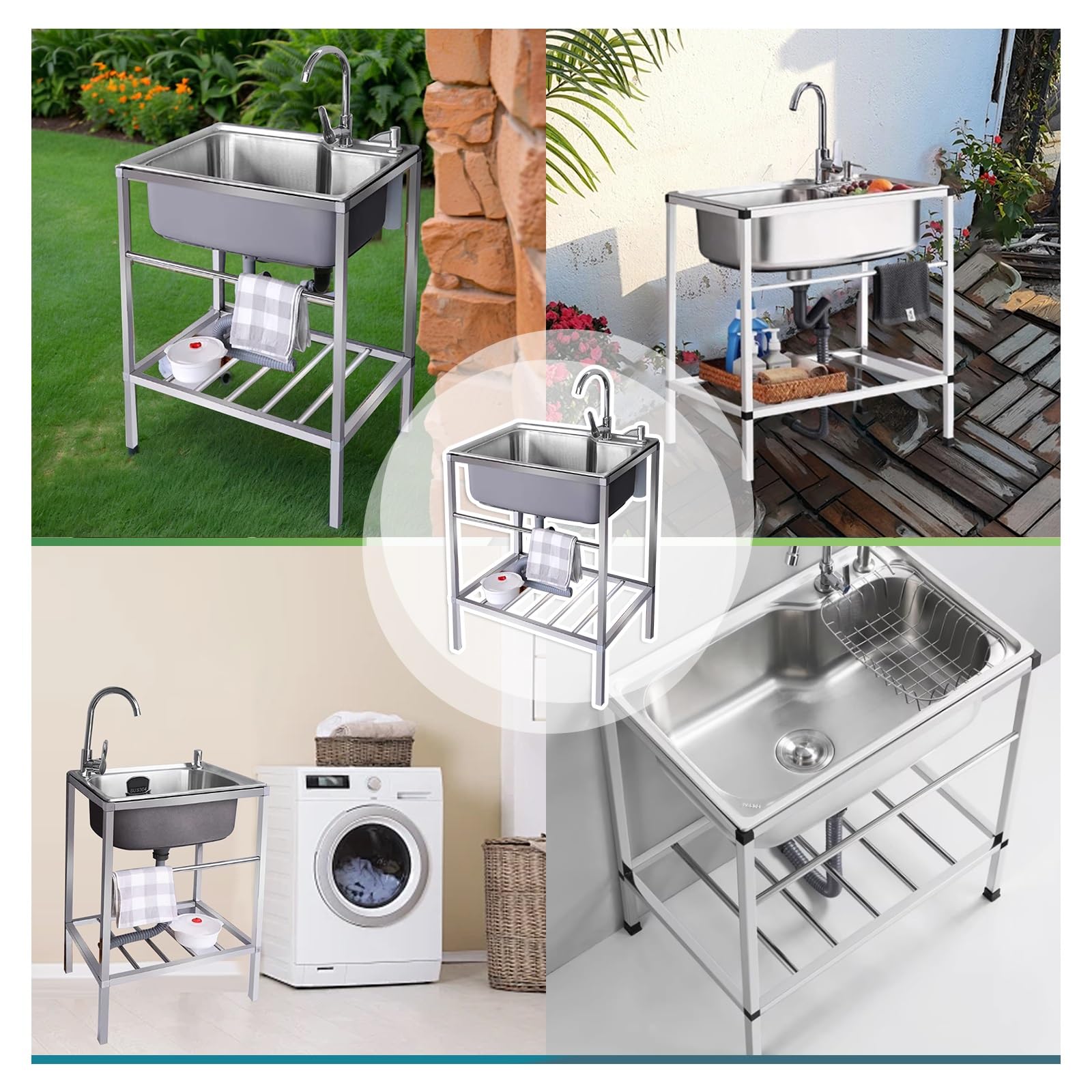 Fregadero utilitario de Acero Inoxidable de un Solo Seno, estación Exterior Independiente con Kit de desagüe para Lavar en la Cocina, lavadero o Garaje.