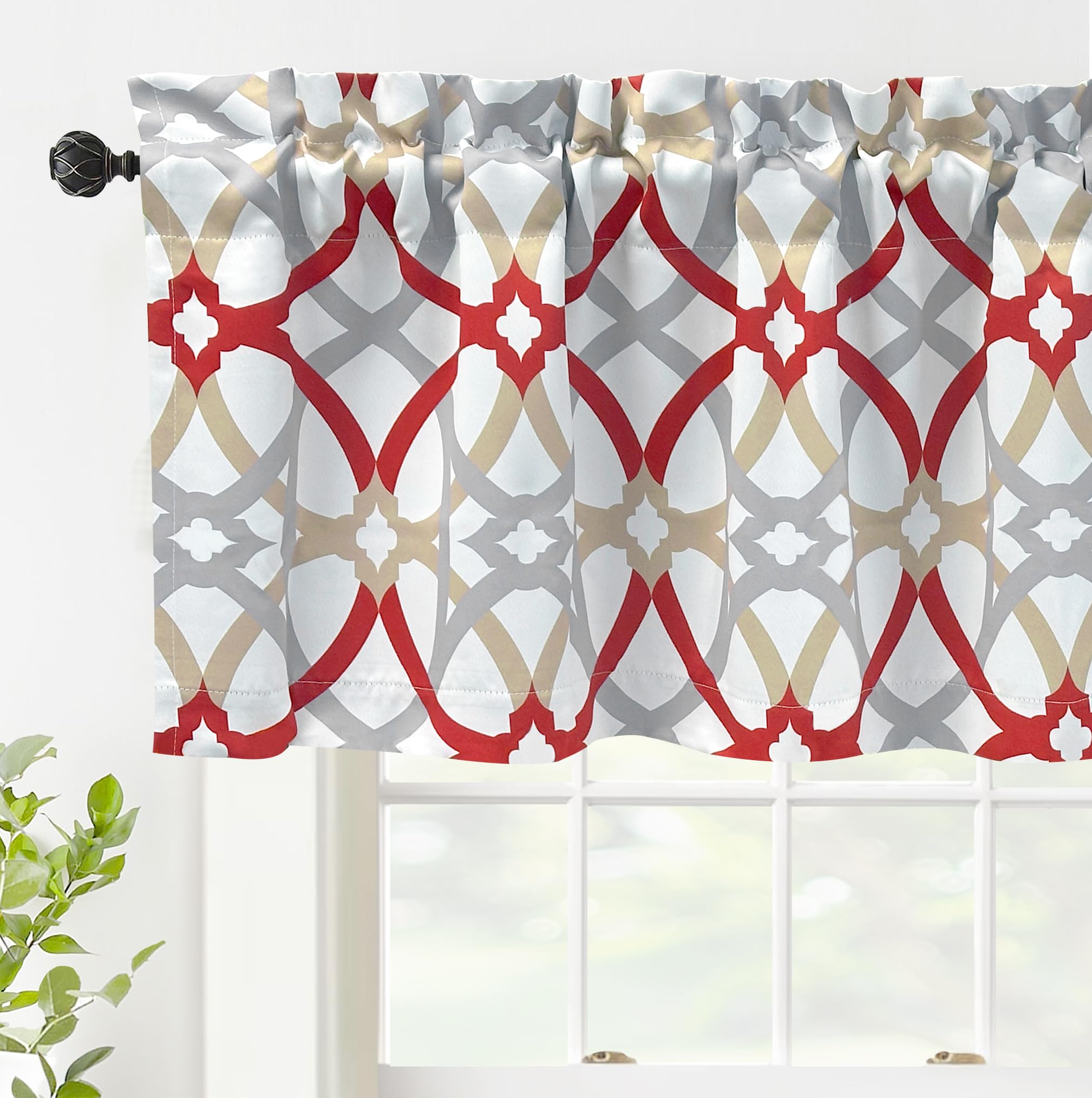 DriftAway Alexander Pattern Match Blackout Valances for Windows 250GSM Geometric Moroccan Mid Century Rod Pocket 52 Inch by 18 Inch Plus 2 Inch Header Red and Gray 1 Pack