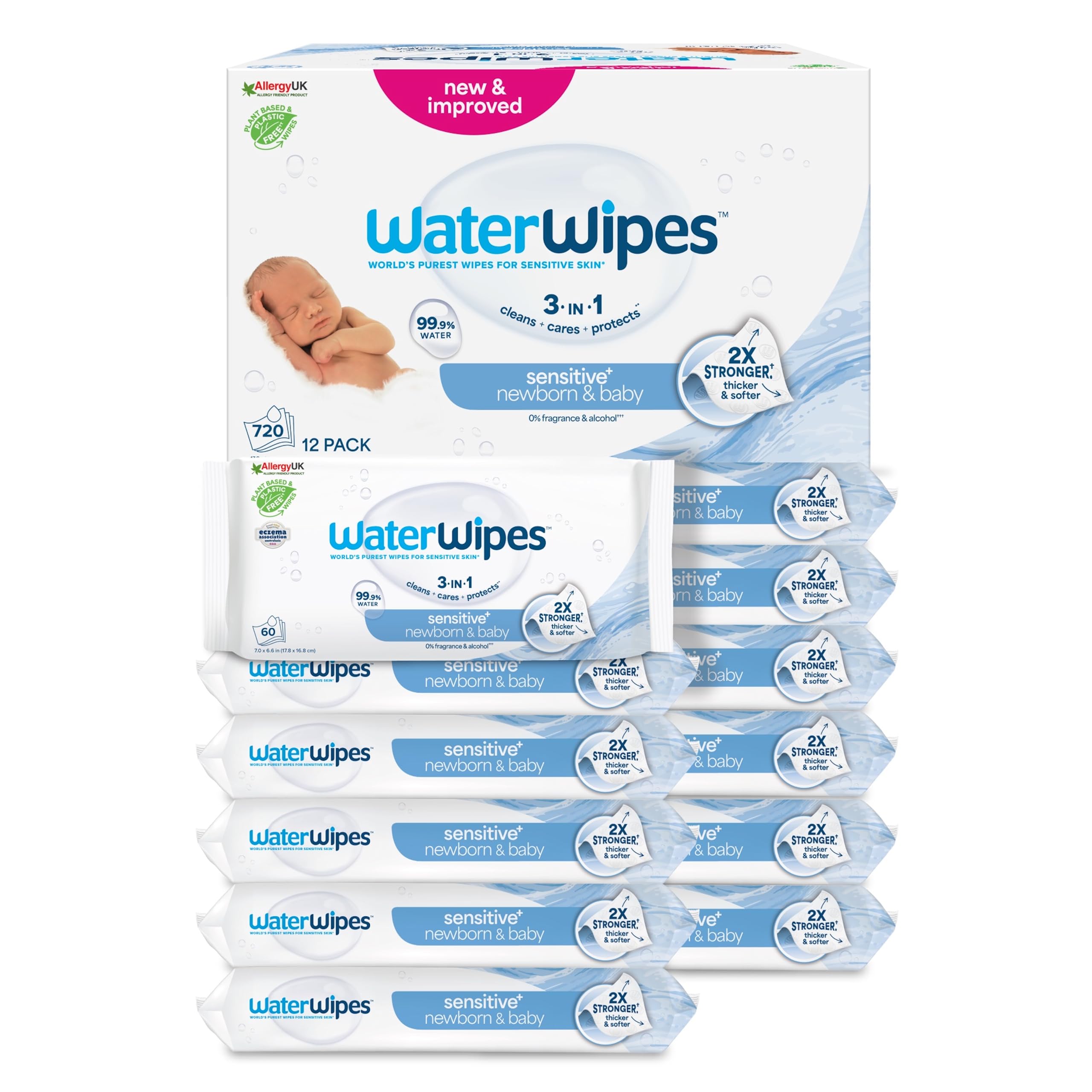 Sensitive+ Newborn & Baby Wipes, 720 Count (12 Packs), 3-In-1 Cleans, Cares, Protects, 99.9% Water, Unscented