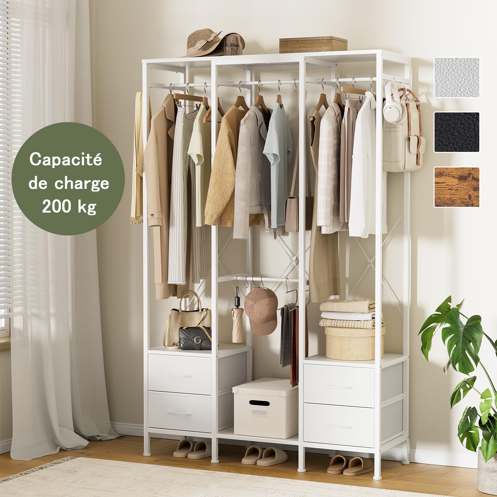 Stand Appendiabiti, Cabina Armadio con 3 Barre e 4 cassetti, Appendiabiti con 4 Ganci Rimovibili, Armadio Aperto Moderno, per Camera da Letto o Ingresso, Bianco