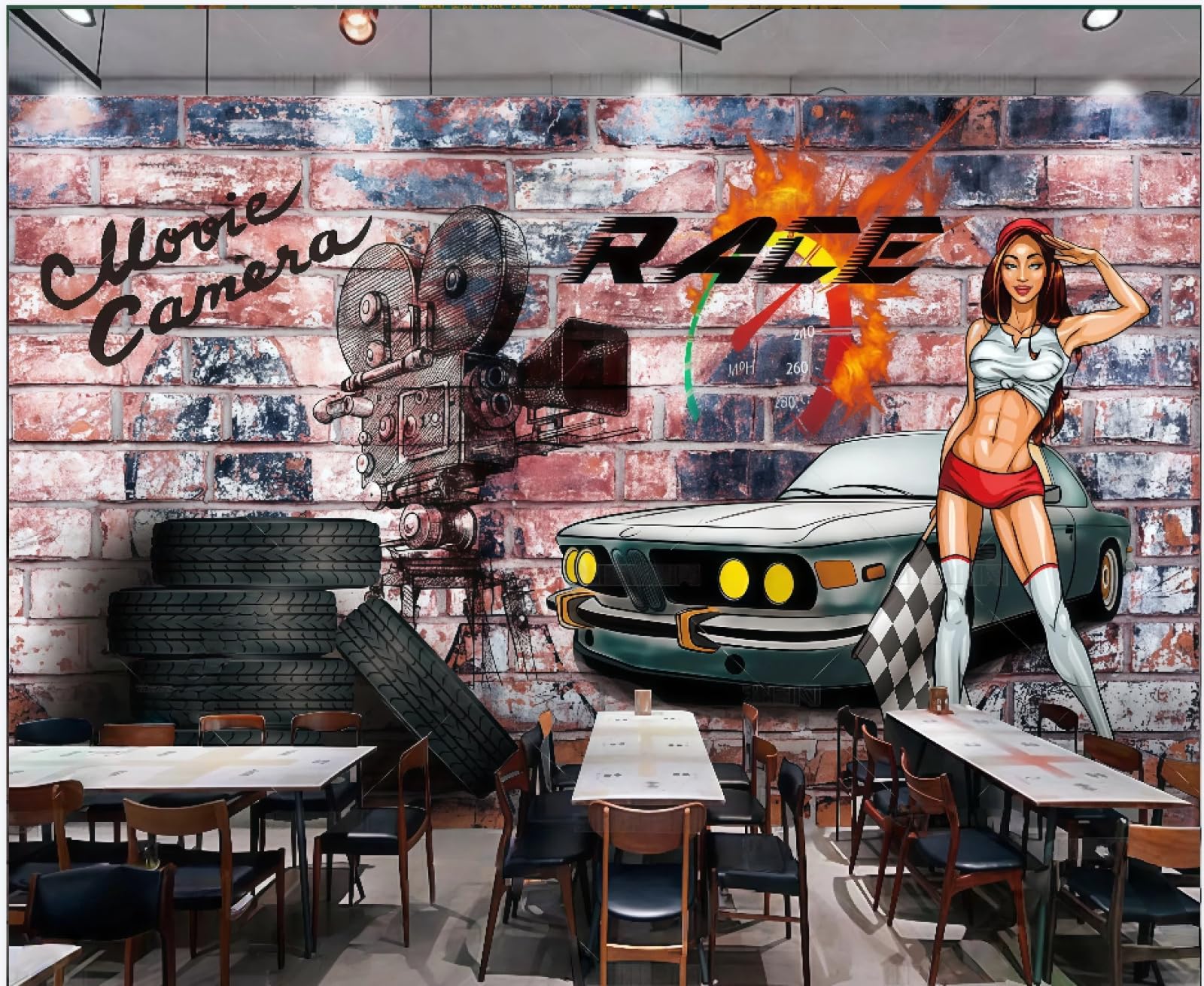 Tapeta ręcznie malowana ściana z cegły Graffiti motyw samochodowy malarstwo dekoracyjne sklep z napojami muzyka bar tło ściana zachodnia restauracja fototapeta kawiarnia, 3D, 300 x 210 cm