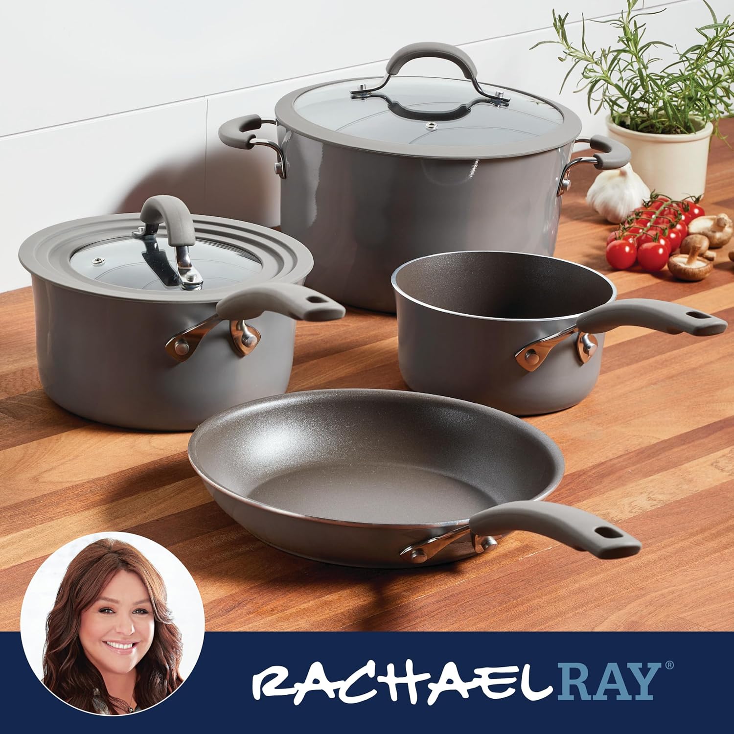 Rachael Ray Cook + Create Nonstick Cookware Pots and Pans Set with Universal Lid, 6 Piece - Gray