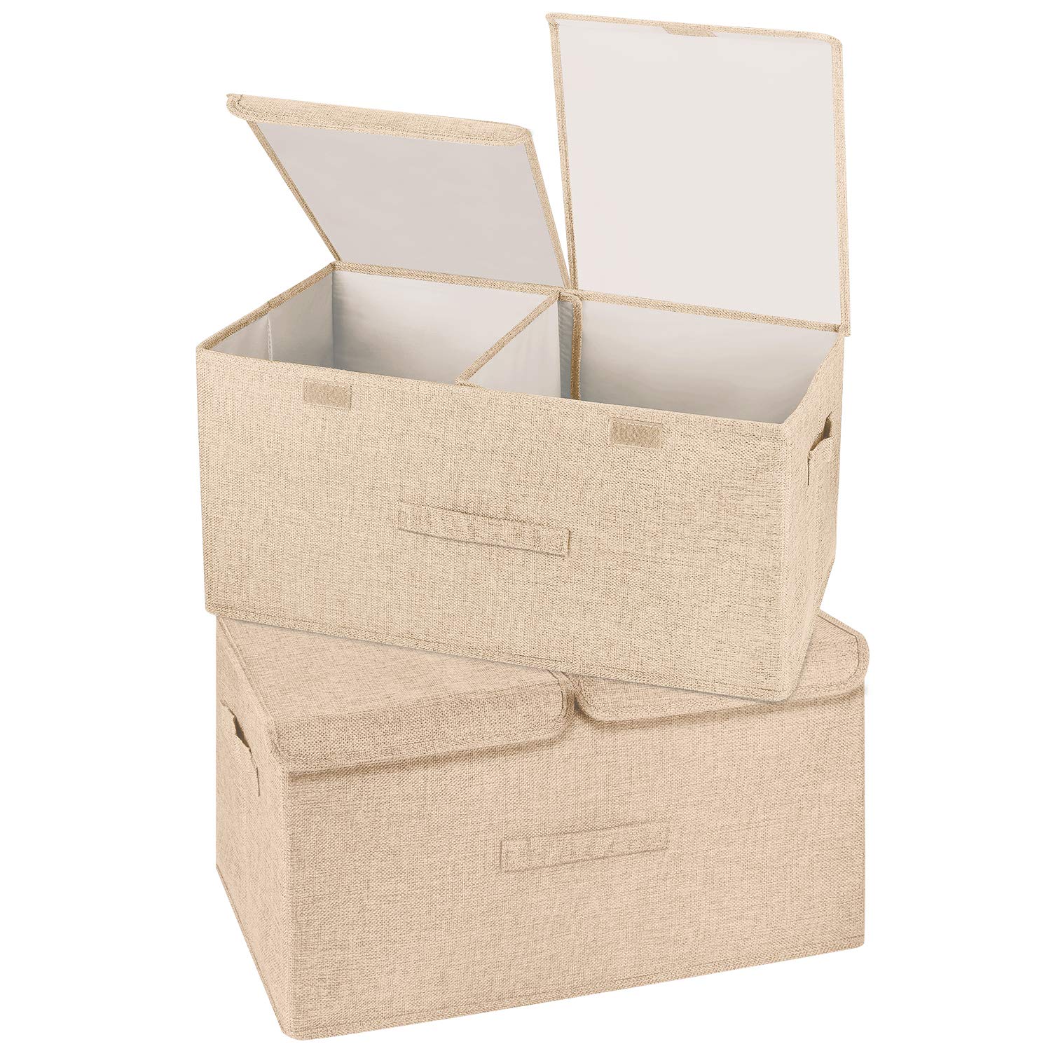 Valease 2 Pack Large Storage Boxes with Lids and Handles, Collapsible Linen Storage Bins Organizer Containers Baskets Cube with Removable Divider for Home Bedroom Closet Office (Khaki, Large)