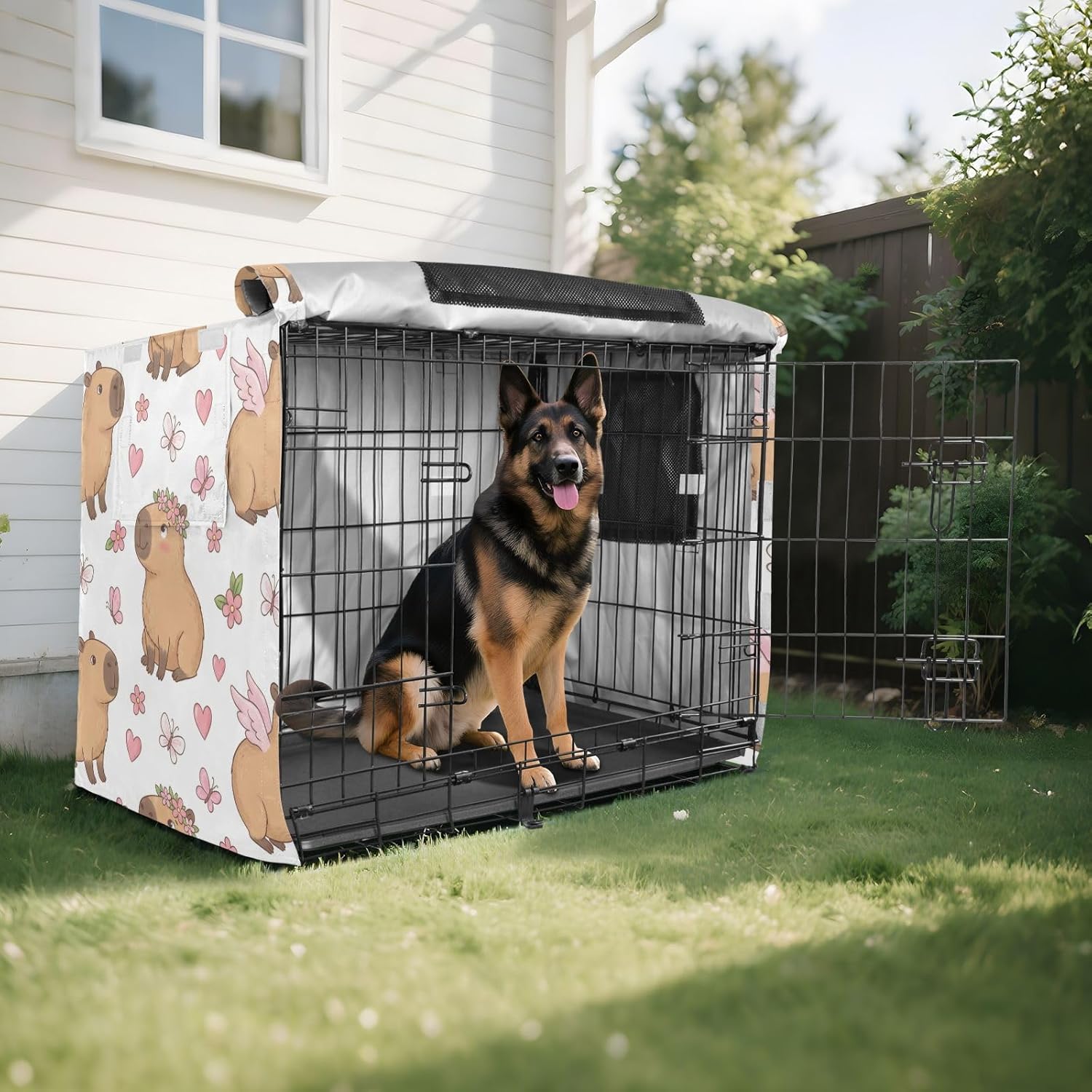Duty 600D Silver Coated Dog Crate Cover, Water-Resistant Capybaras Print Pet Kennel Canopy with Mesh Windows for Optimal Ventilation, Universal Fit for Standard Wire Cage, Indoor & Travel