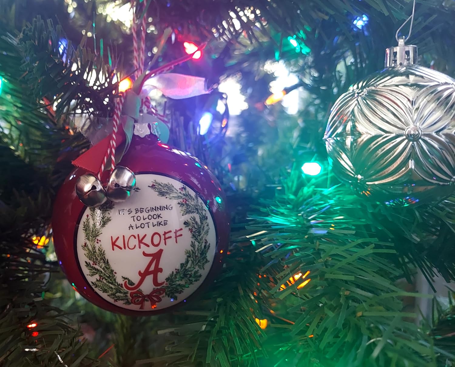 University of Alabama Crimson Tide Ceramic Ball Ornament - Team Logo & Kick Off Design w/Ribbon & Bells by Magnolia Lane - Christmas Decoration, Gift for ‘Bama Students, Alumni - for Home, Dorm - Image 2