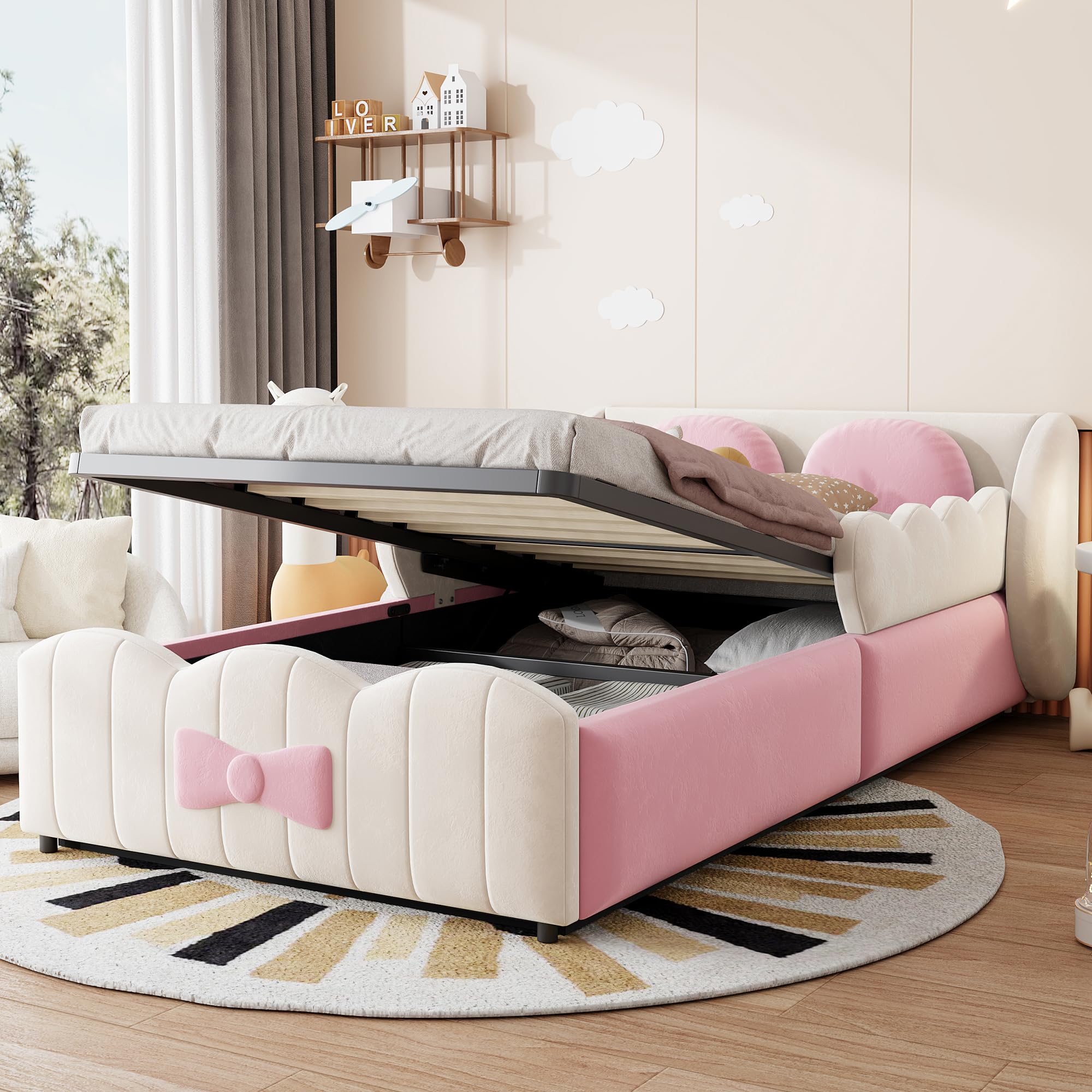 Cama Canapé 90x200 con Almacenamiento Integrado Cama Tapizada con Elevación Hidráulica Single Bed con Dos Cojines Decorativos sin Colchón Tapizado de Terciopelo para Vivienda Beige