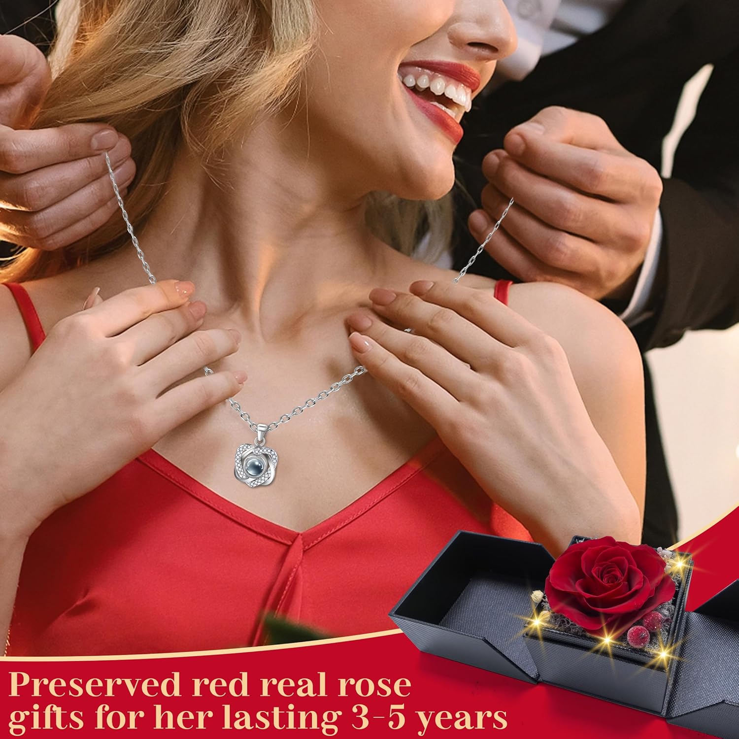 I Love You Necklace 100 Languages, Preserved Rose with Necklace, 925 Sterling Silver Rose Necklace for Women Mom Wife Girlfriend with Box on Wedding Anniversary Valentines Day Mother’s Day