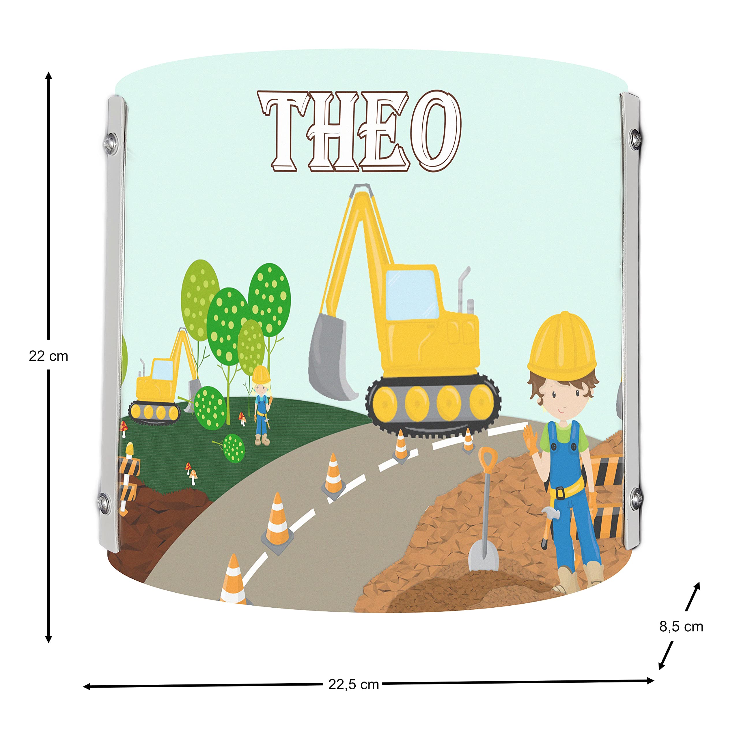 WA-1084, Bagger, Kinderzimmer Wandlampe personalisiert mit Namen, Nachtlicht/Schlummerlicht für Steckdose, E14, 22 x 22,5 x 8,5 cm