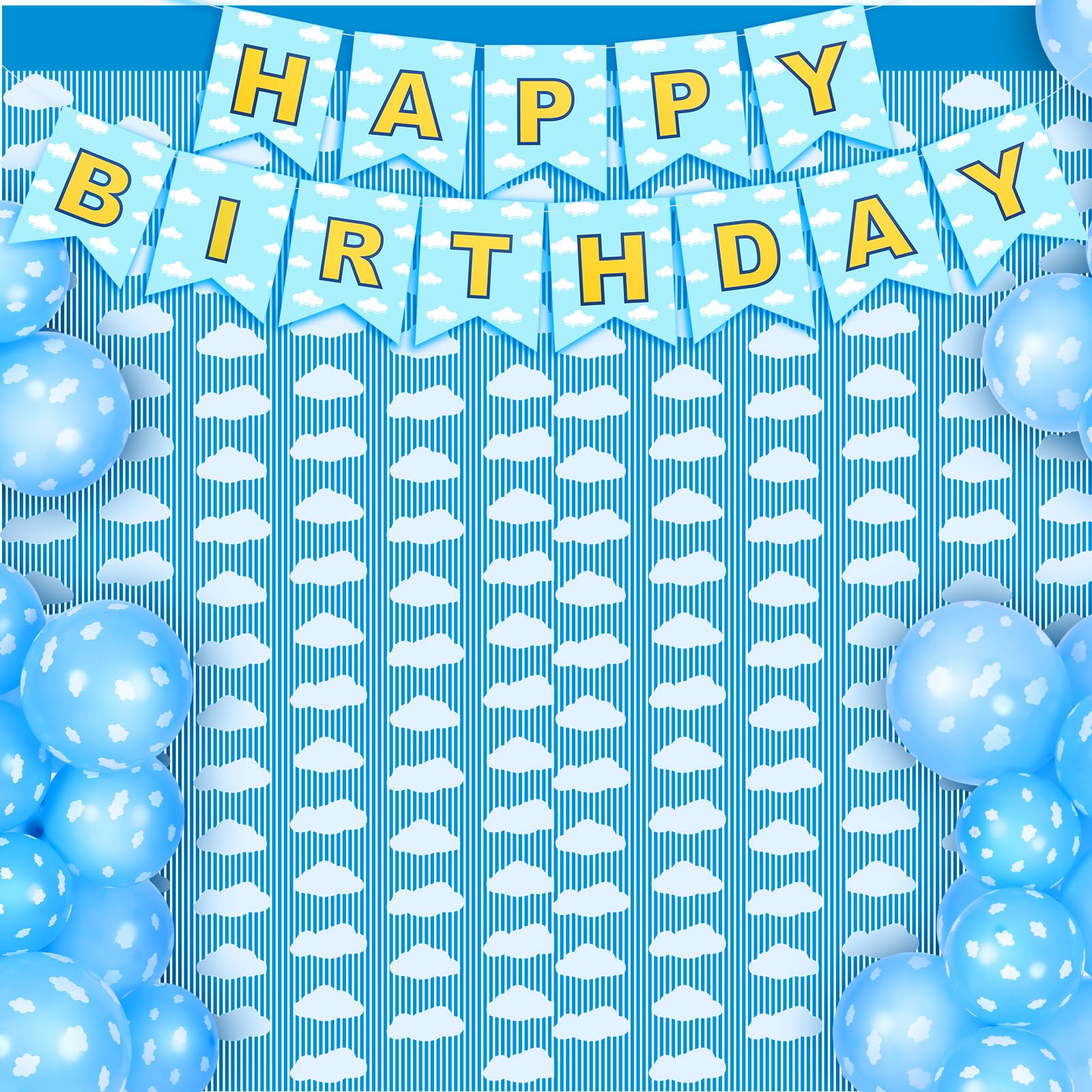 16 Pcs Blue Sky White Cloud Cartoon Birthday Party Decorations 6.6ft Clouds Tinsel Foil Fringe Curtains Backdrop Happy Birthday Banner Blue Cloud Latex Balloons for Cartoon Baby Shower Party