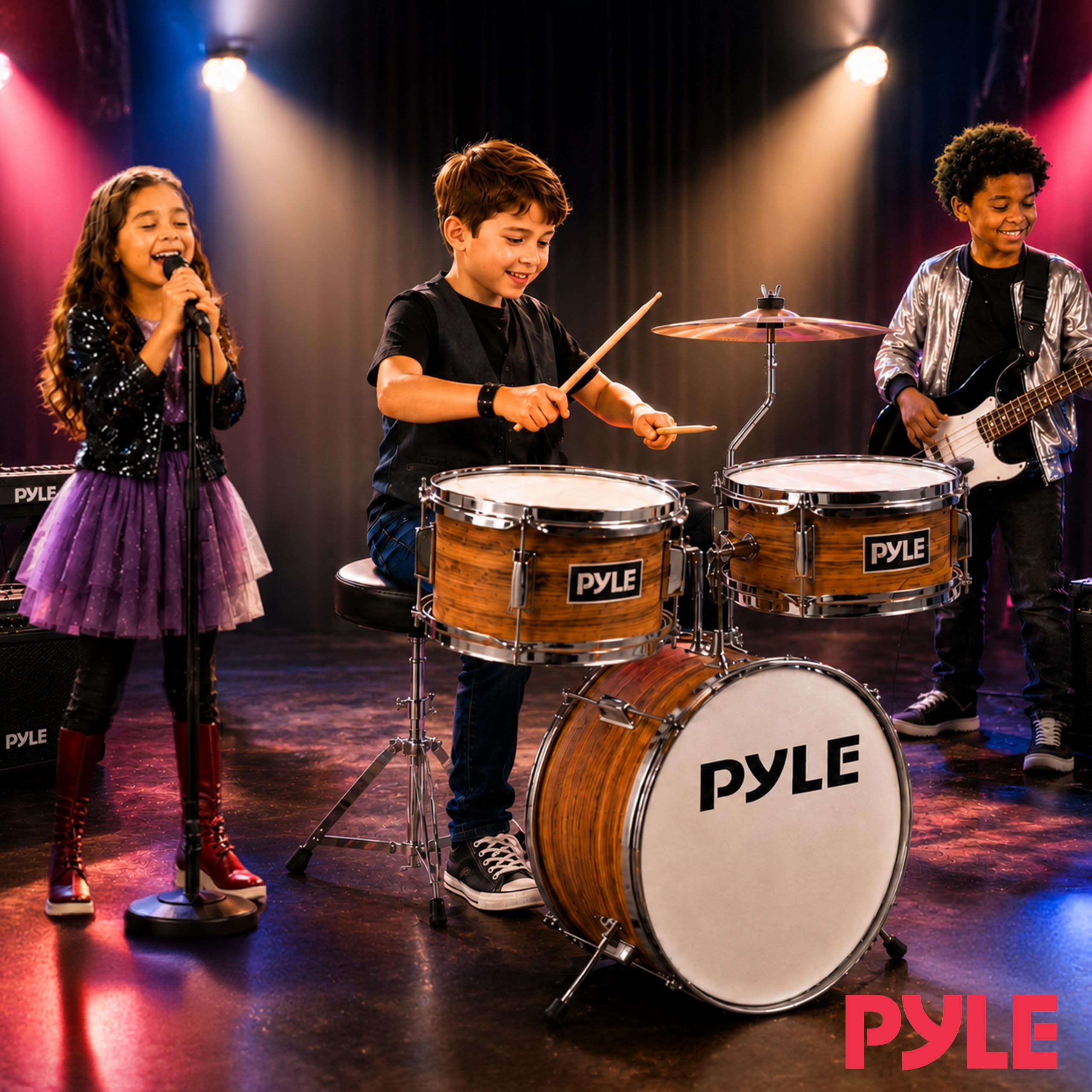 Pyle Set de Batterie Enfant – Kit de Batterie Musique Junior Débutant 3 Pièces avec Grosse Caisse de 33 cm, Caisse Claire, Tom, Cymbale, Siège Réglable, Sourdines, Baguettes, Naturel