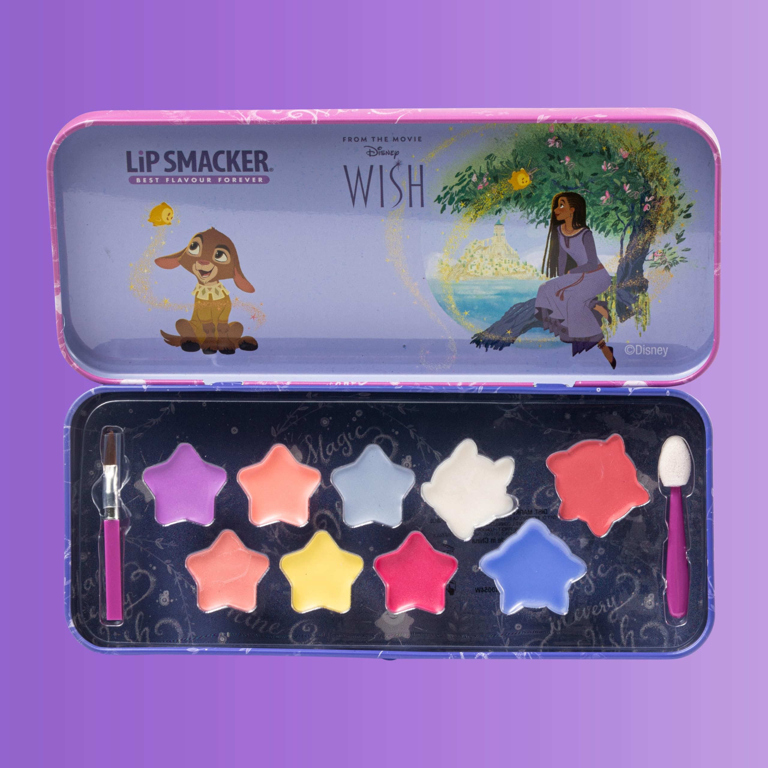Lip Smacker Wish Lip & Face Tin, Zestaw do Makijażu dla Dzieci z Błyszczykiem i Kremami Inspirowanymi Życzeniem Disneya, w Zestawie Aplikatory, Prezenty dla Księżniczek dla Nieskończonej Kreatywności