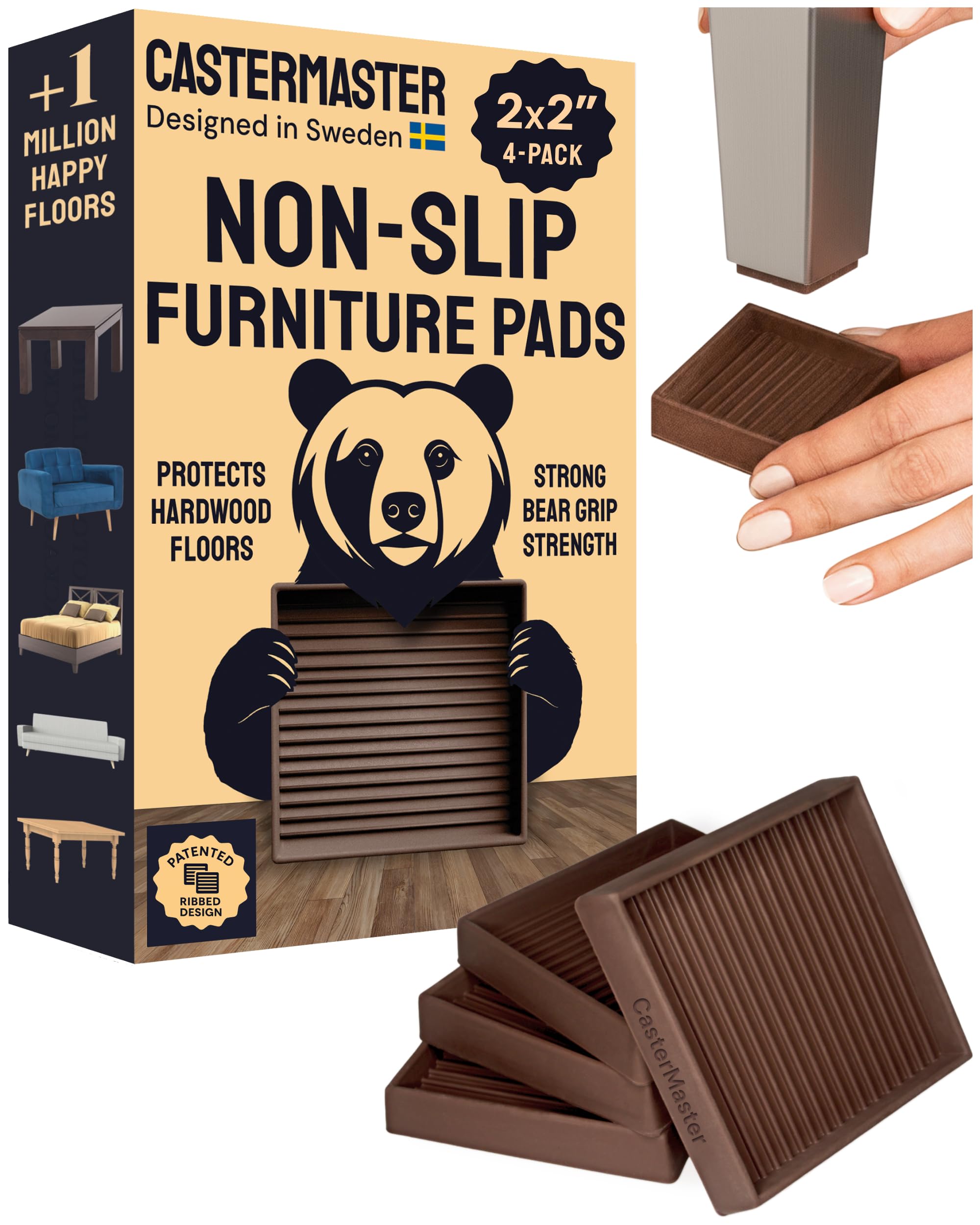 CasterMaster Non Slip Furniture Pads - 2 in x 2 in Brown 4 Pack - Chair Leg Floor Protectors & Furniture Sliders for Hardwood, Vinyl & Tile Floors - Bed Stoppers