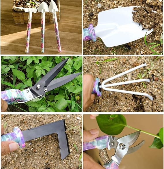 coolty garden tools set 10 pieces garden hand tools with purple flower print ergonomic handle shovel spade rake harrow trowel pruning shears sprayer with carry bag garden gifts