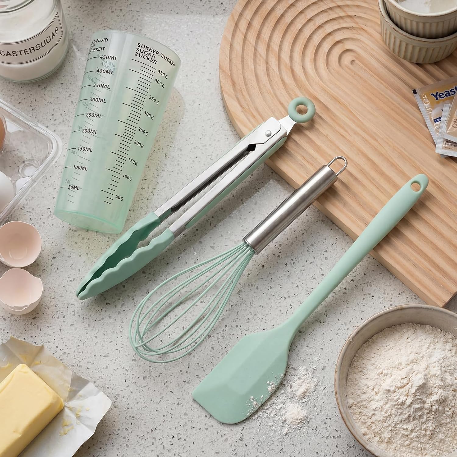 Silicone Baking Utensils Set, 4PCS Heat Resistant Non-Stick Kitchen Baking Tools for Cooking, Baking, Mixing, Including Spatula, Measuring Cup, Whisk, Clip (Cyan)