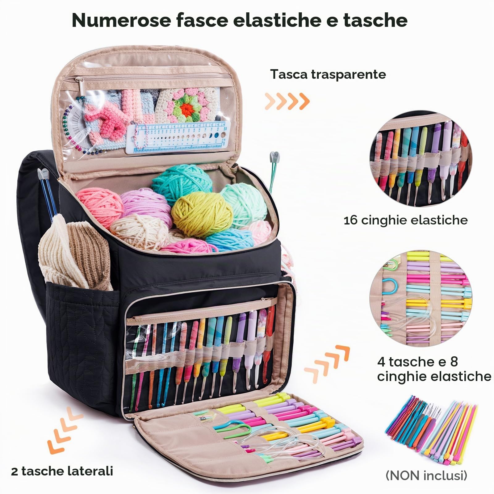 MYBAGZING Borsa a maglia, grande zaino all'uncinetto, organizer per uncinetto, organizer per filati, porta filati con 10 tasche per accessori all'uncinetto, per lavori a maglia e all'uncinetto, regalo