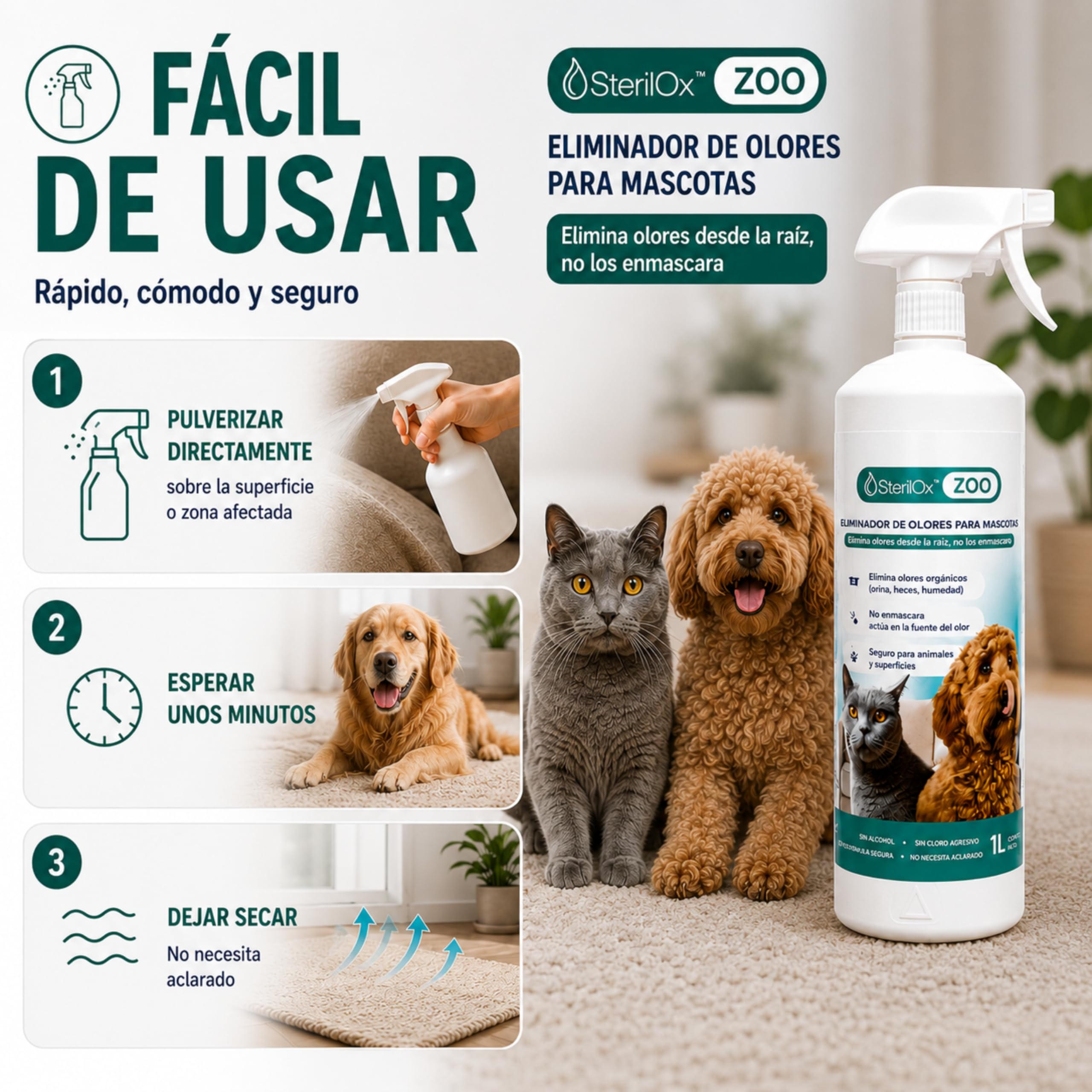 ZOO Eliminador de Olores para Perros y Gatos Sin Alcohol 1 L | Neutraliza olores de orina y mascotas en el hogar. Seguro para perros y gatos.