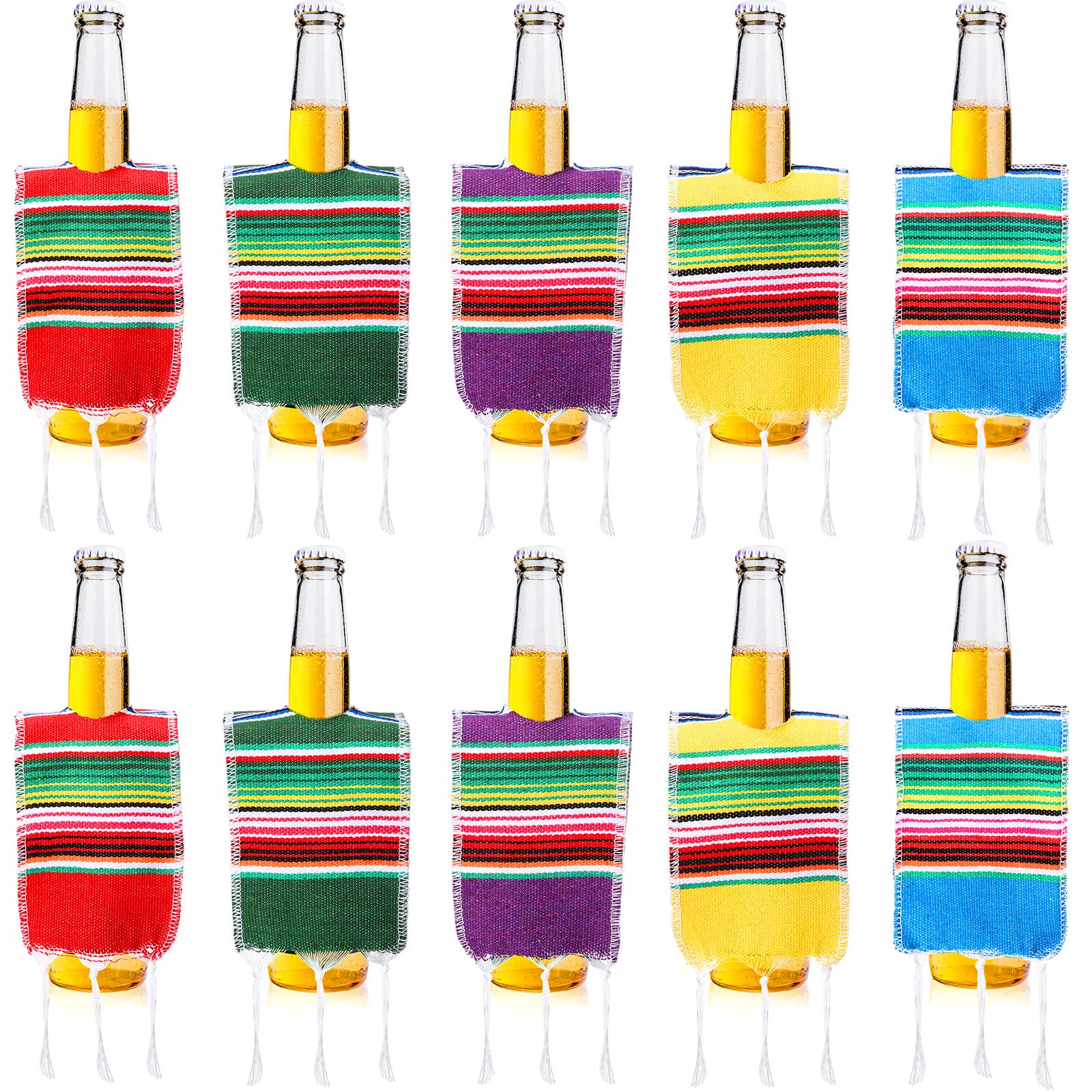 Irenare 10 Pcs Beer Poncho Mini Serapes Bottle Covers for Cinco De Mayo Multi Color Assorted Mexican Bottle Ponchos with Rainbow Striped Mexican