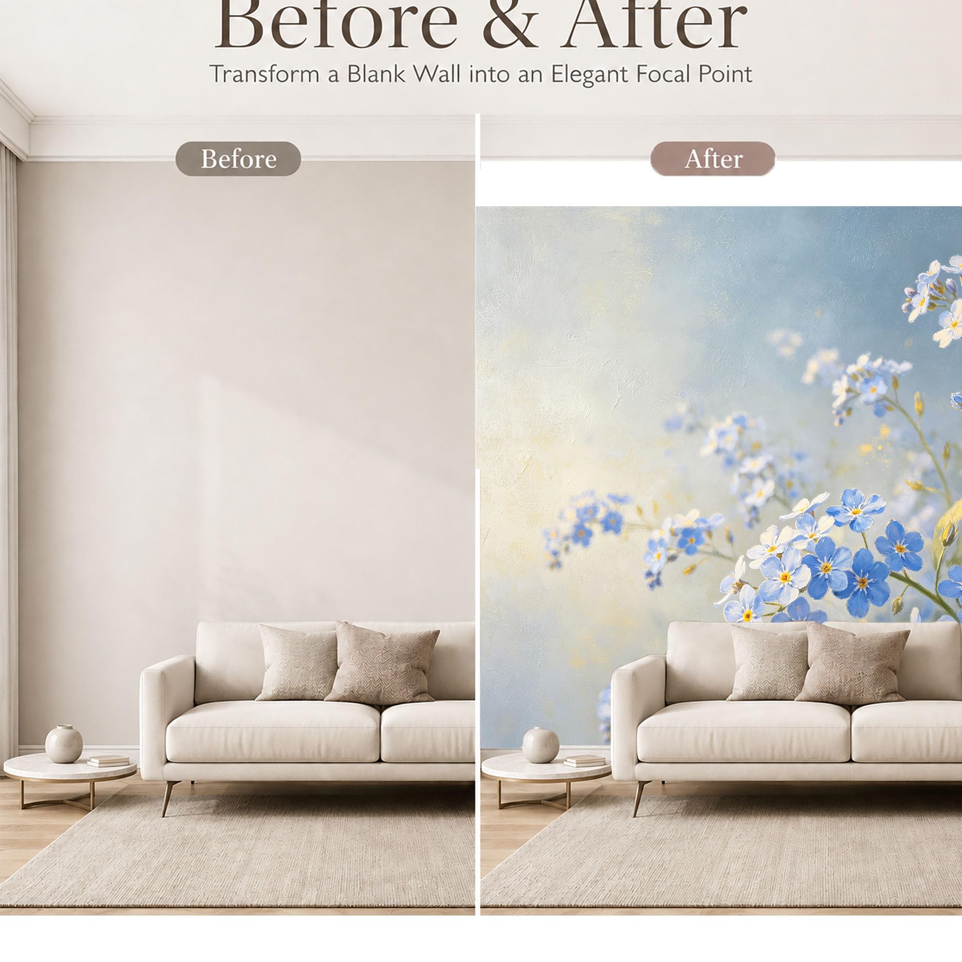 Carta Parati Murale In Seta con Motivo Non Ti Scordar Di Me Ad Acquerello, Grande Stampa Artistica Floreale Blu E Bianca, Sfondo Decorativo per Camera da Letto E Soggiorno, Rivestimento