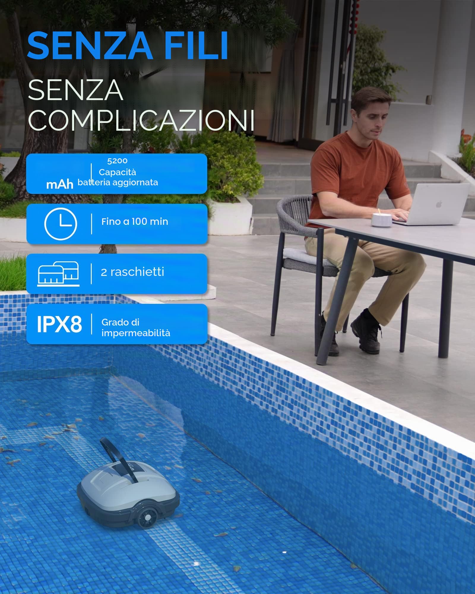 WYBOT Robot Piscina Cordless, Aspirapolvere per Piscina Dura 100 Minuti, per Piscine Fuori Terra e Piscine interrate a Fondo Piatto, Doppio Motore, Fino a 80 m², Bianco