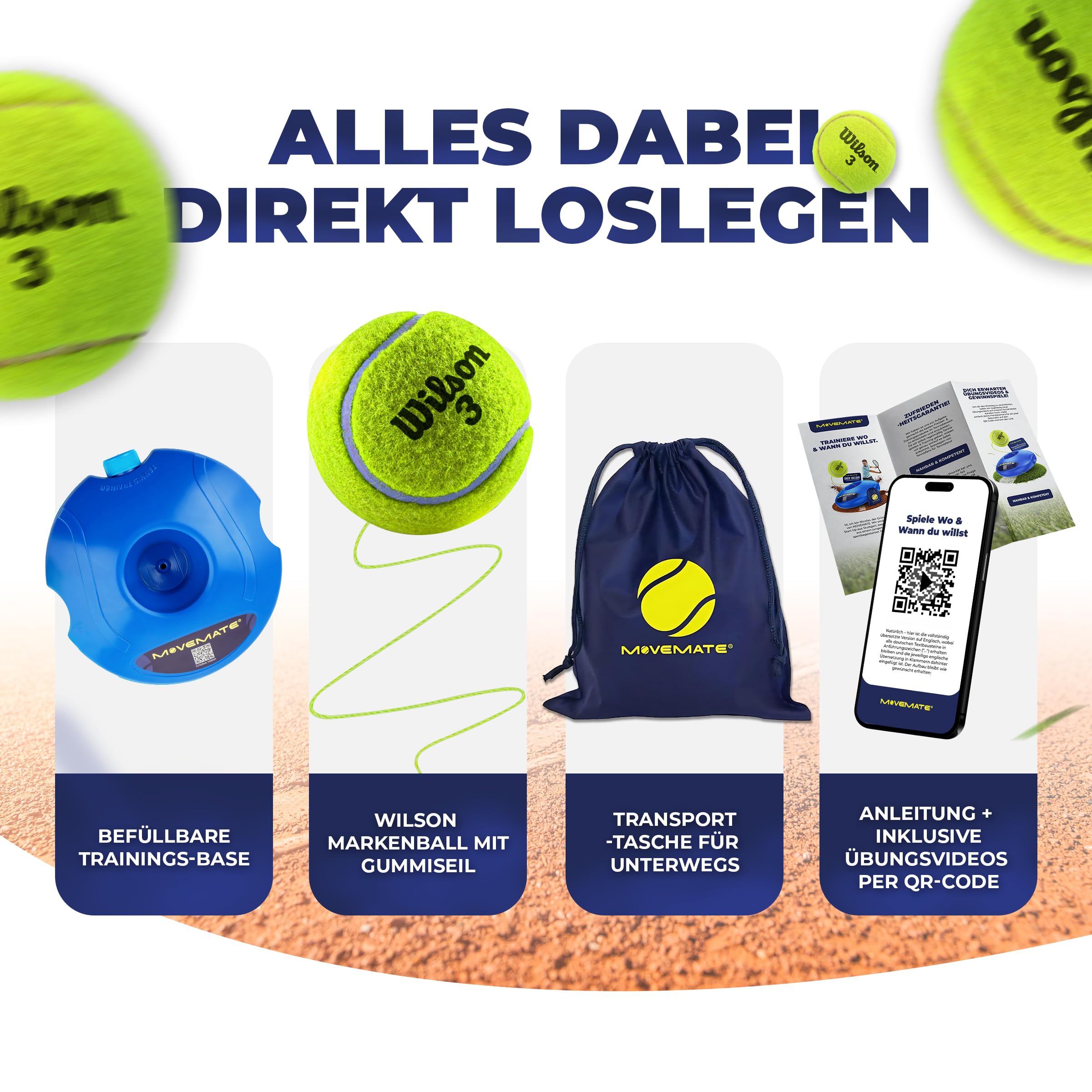 MOVEMATE Tennis-Trainer Set mit Wilson® Tennisball | innovatives Ballspiel für Draußen, im Garten, im Park für Kinder & Erwachsene | inkl. Transporttasche & Übungsvideos