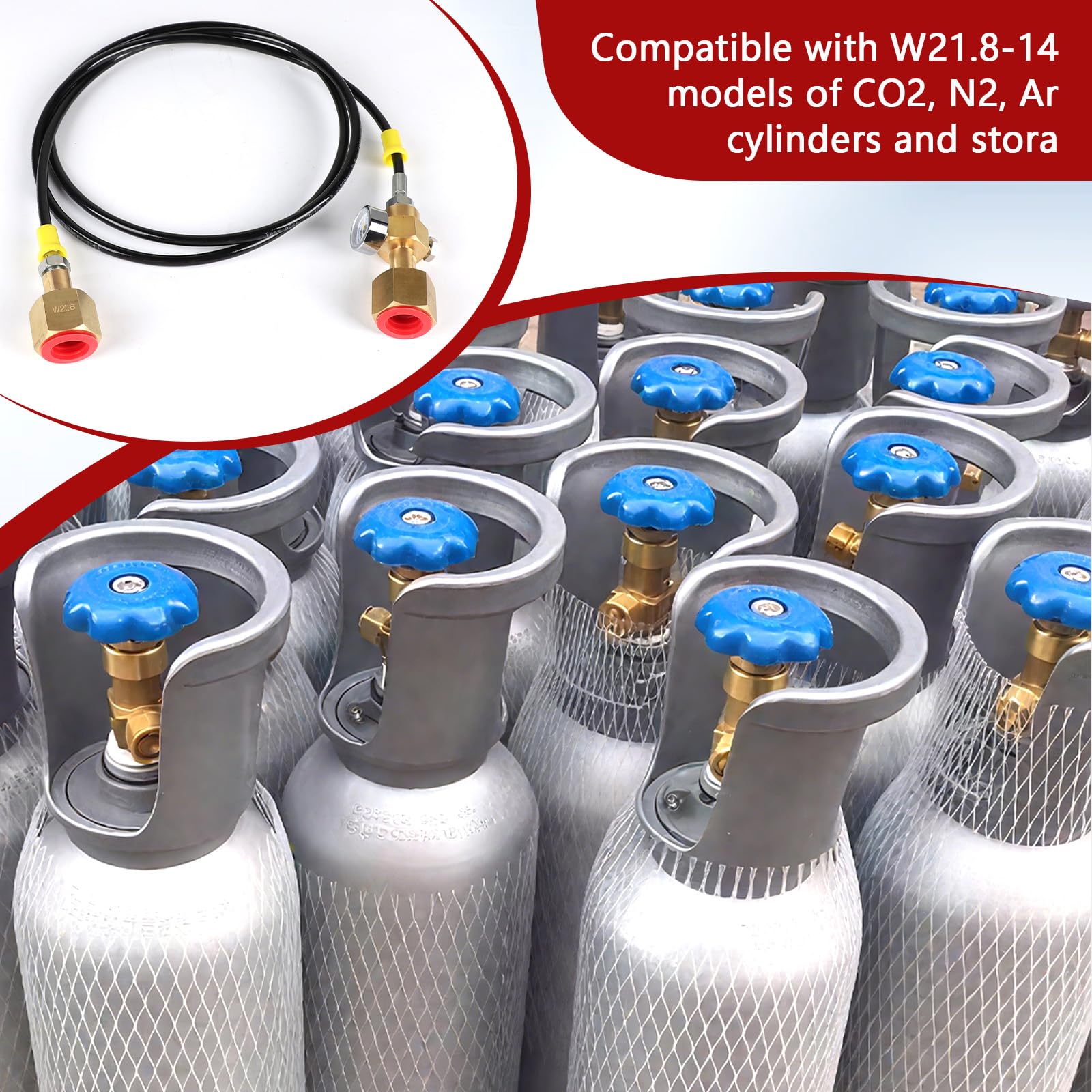 EXLECO Tuyau adaptateur CO2 de 1,5 m avec manomètre de 3000 PSI, tuyau de gazéification, station de recharge CO2, tuyau de transfert de CO2, 2 × W21.8-14 filetage tuyau de transfert pour grande