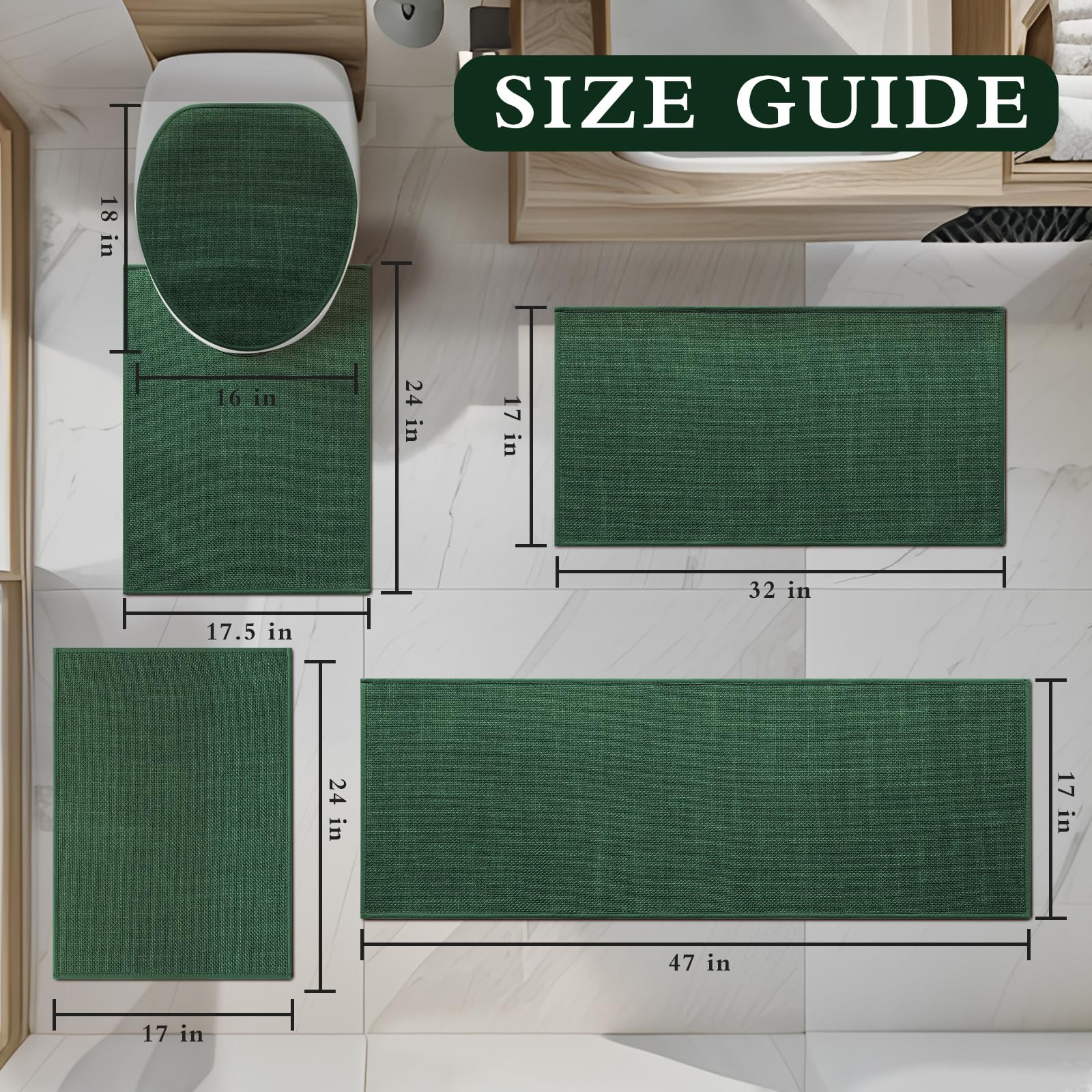 YIHOUSE Juego de 5 alfombras de baño verdes absorbentes, antideslizantes, lavables, de secado rápido, delgadas, para inodoro y suelo