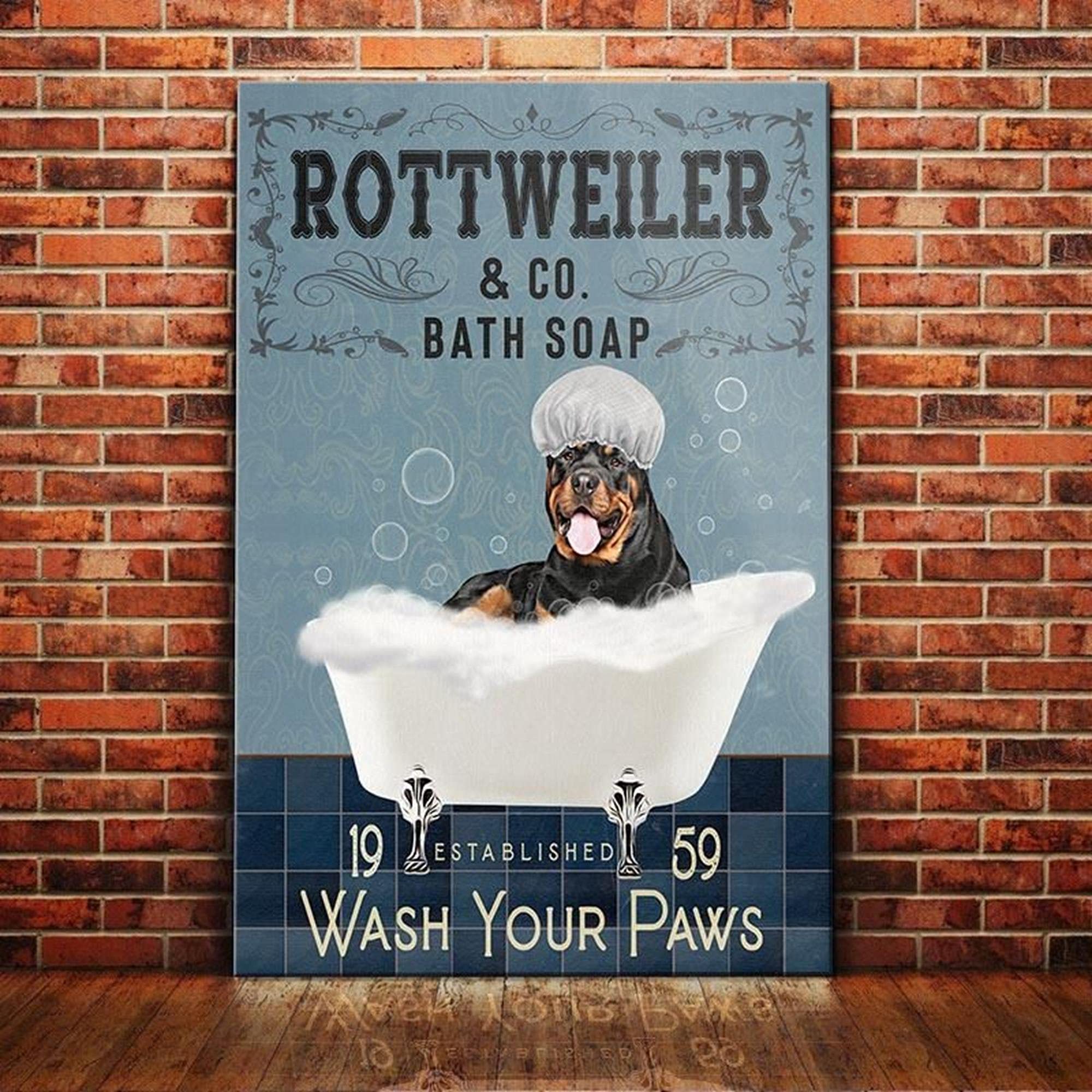 Rottweiler Dog Bath Soap Company Bathroom Living Room Dog Lover Decoration Metal Tin Sign Birthday Gift 8x12 inch