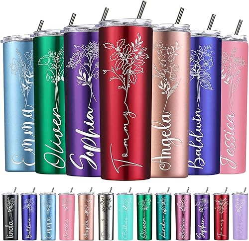 Vasos personalizados con nombre, flor de nacimiento, vaso con aislamiento personalizado, grabado personalizado, cumpleaños, Navidad, dama de honor,