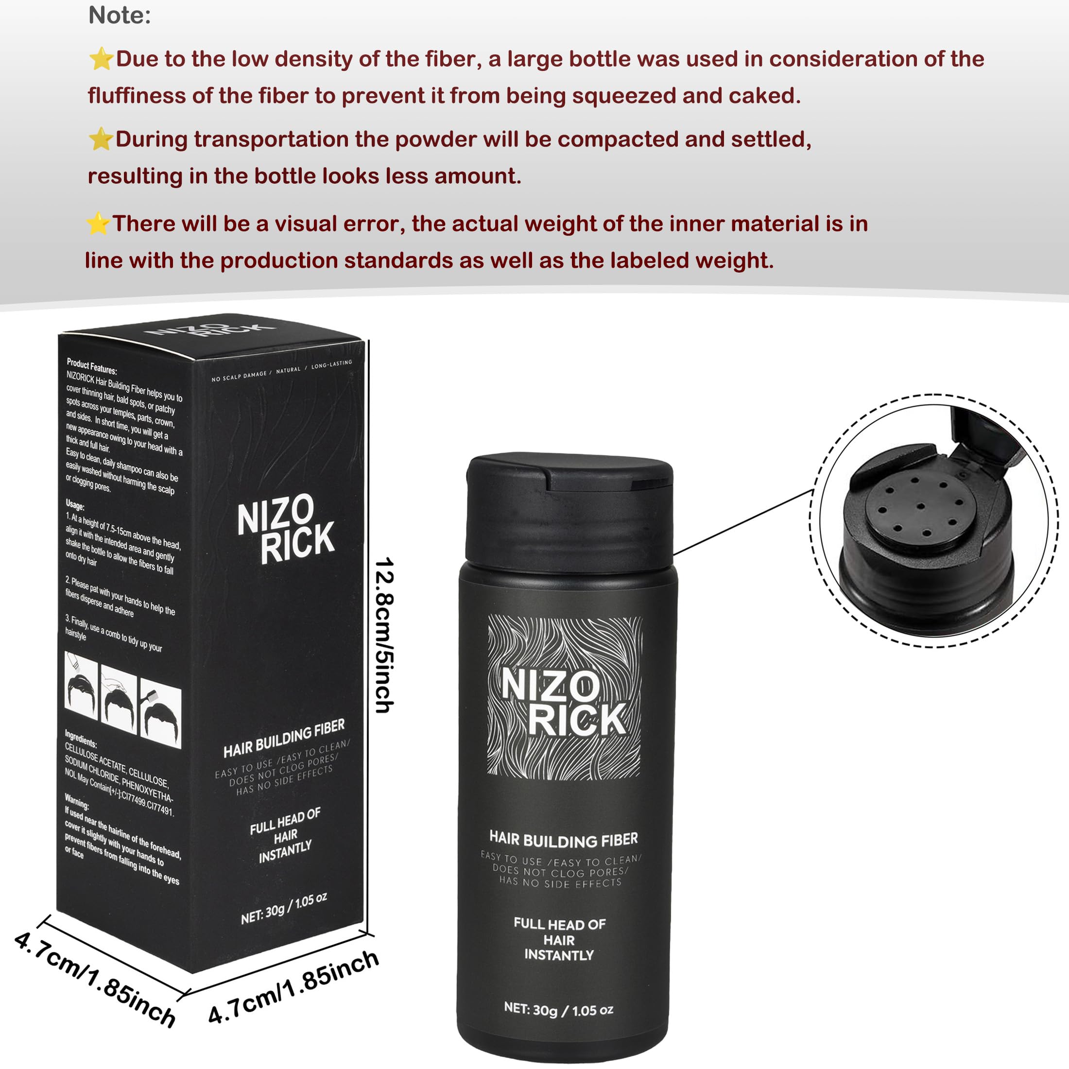 NIZORICK Hair Fibers for Thinning Hair,Hair Building Fibers Instantly Thicker & Fuller Look,Conceals Hair Loss Fill In Fine Hair Powder for Women and Men(30g/1.05oz) (Black)