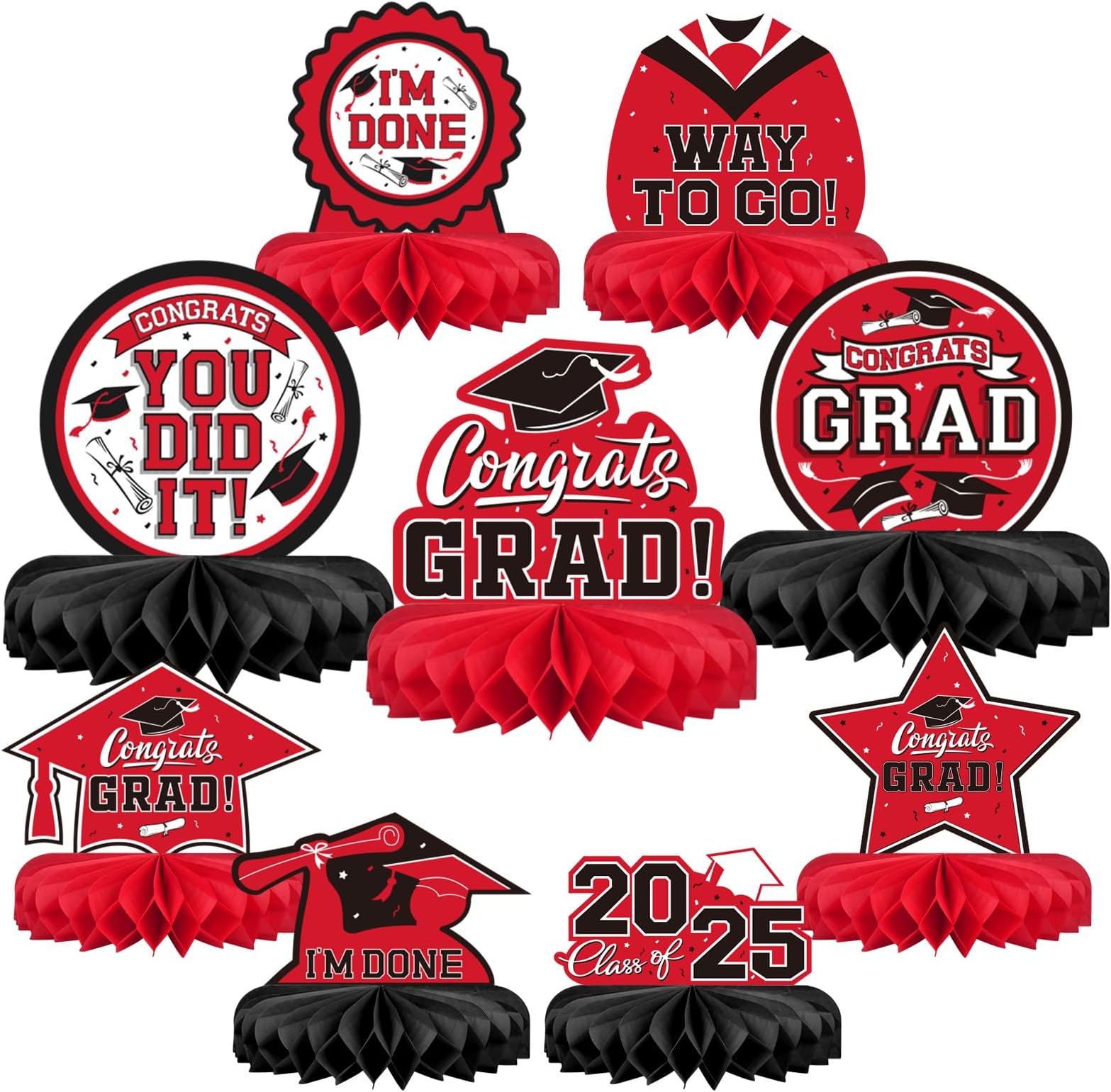 9PCS Graduation Decorations 2026 Congrats Grad Table Centerpiece Congratulate Graduation Honeycomb Table Toppers for Graduation Party Supplies(Red,Black)